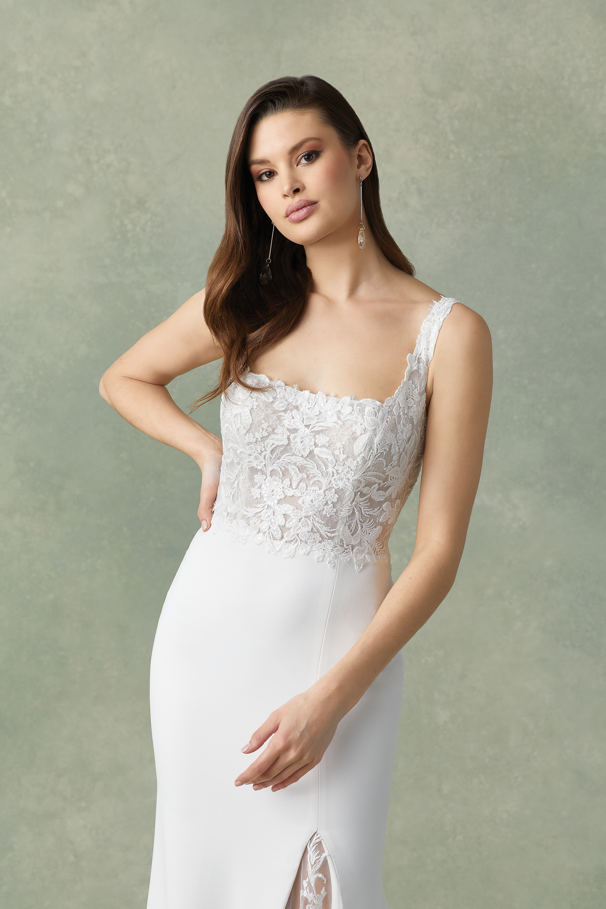 Justin Alexander Style 88297 Florien Lace and Crepe Fit and Flare Dress with Square Neckline and Slit