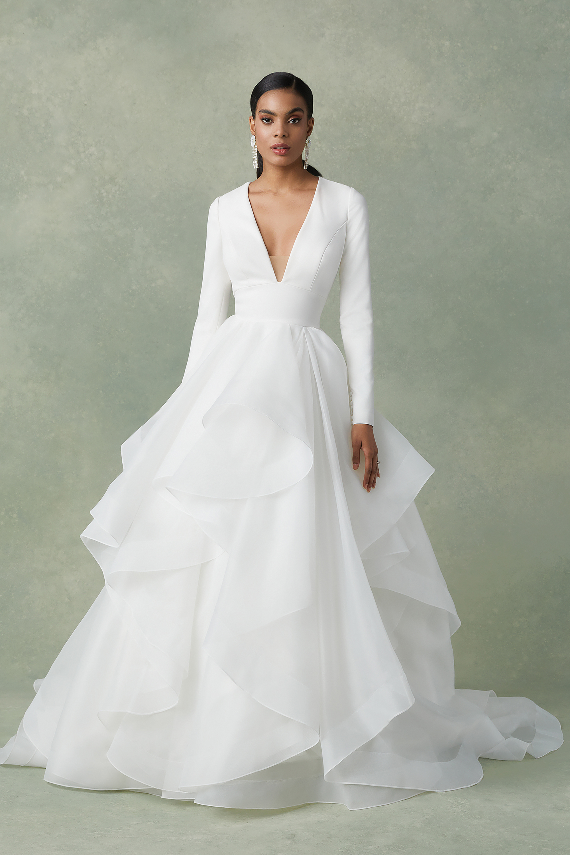 Fisher: Clean Long Sleeve Gown with Organza Ruffle Skirt | Justin