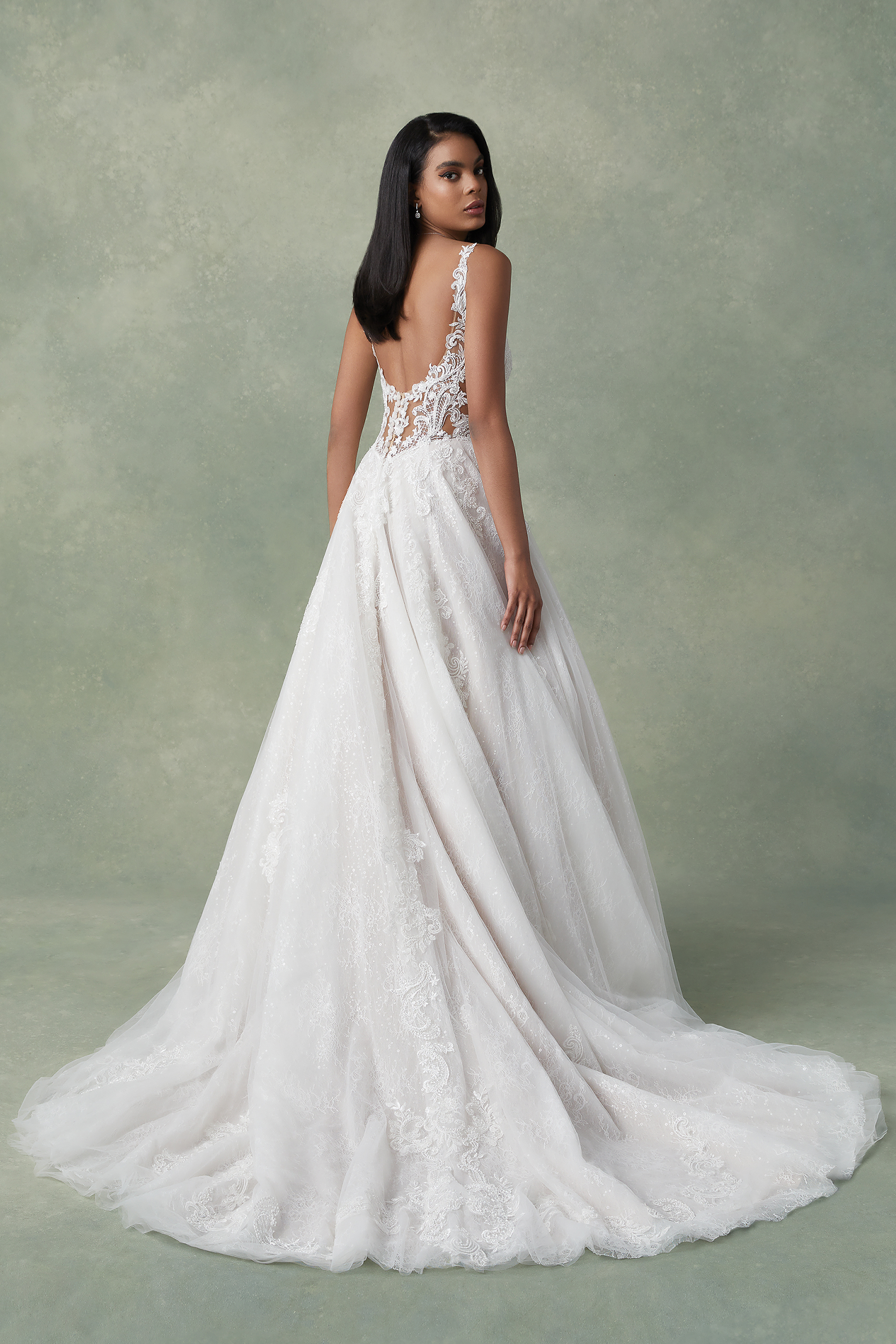 Felicia: Beaded V-Neck Ball Gown with Sequined Chantilly Lace | Justin  Alexander