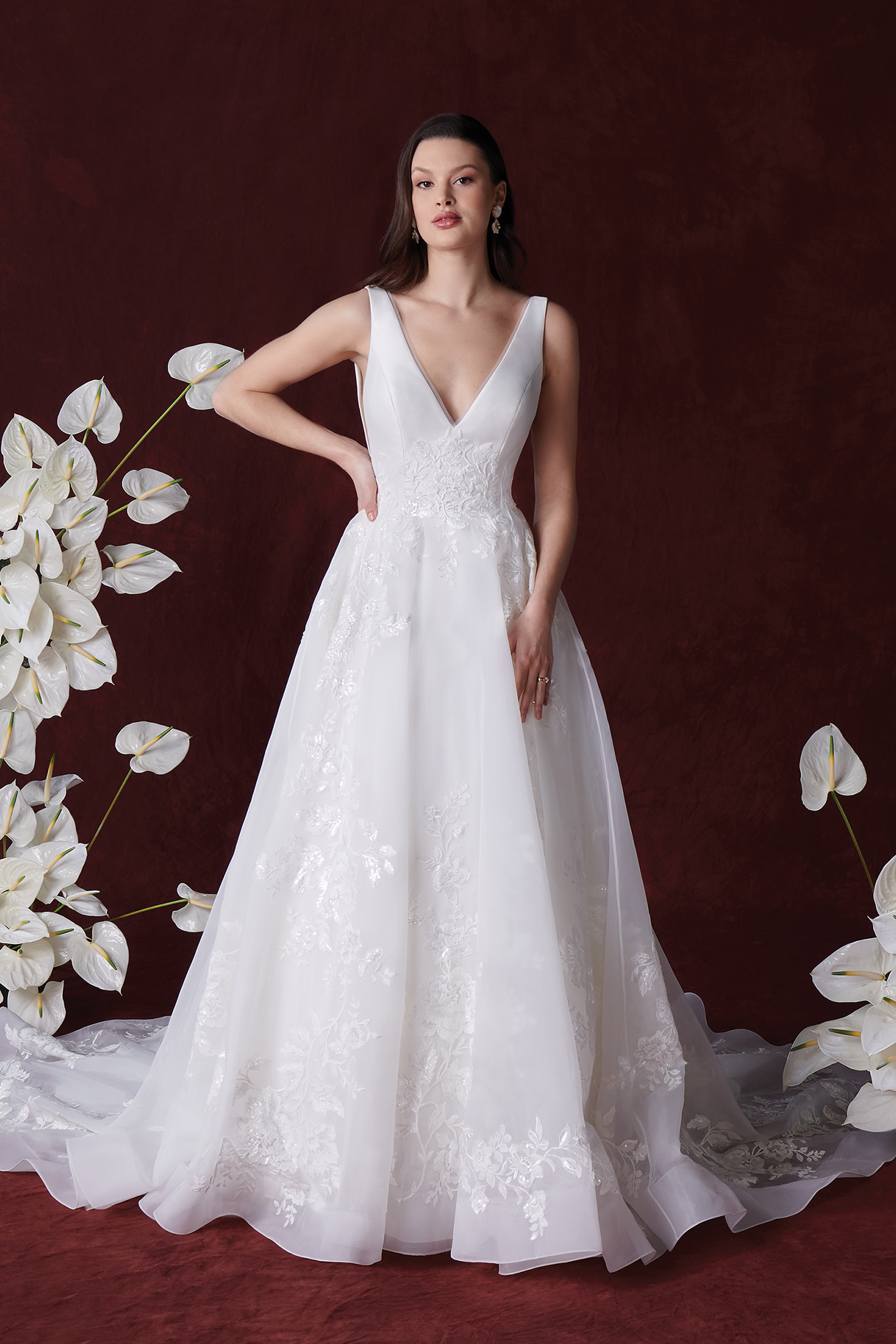Justin Alexander Style 88350 Hattie V-Neck A-Line Wedding Dress with Mikado Bodice and Organza Skirt