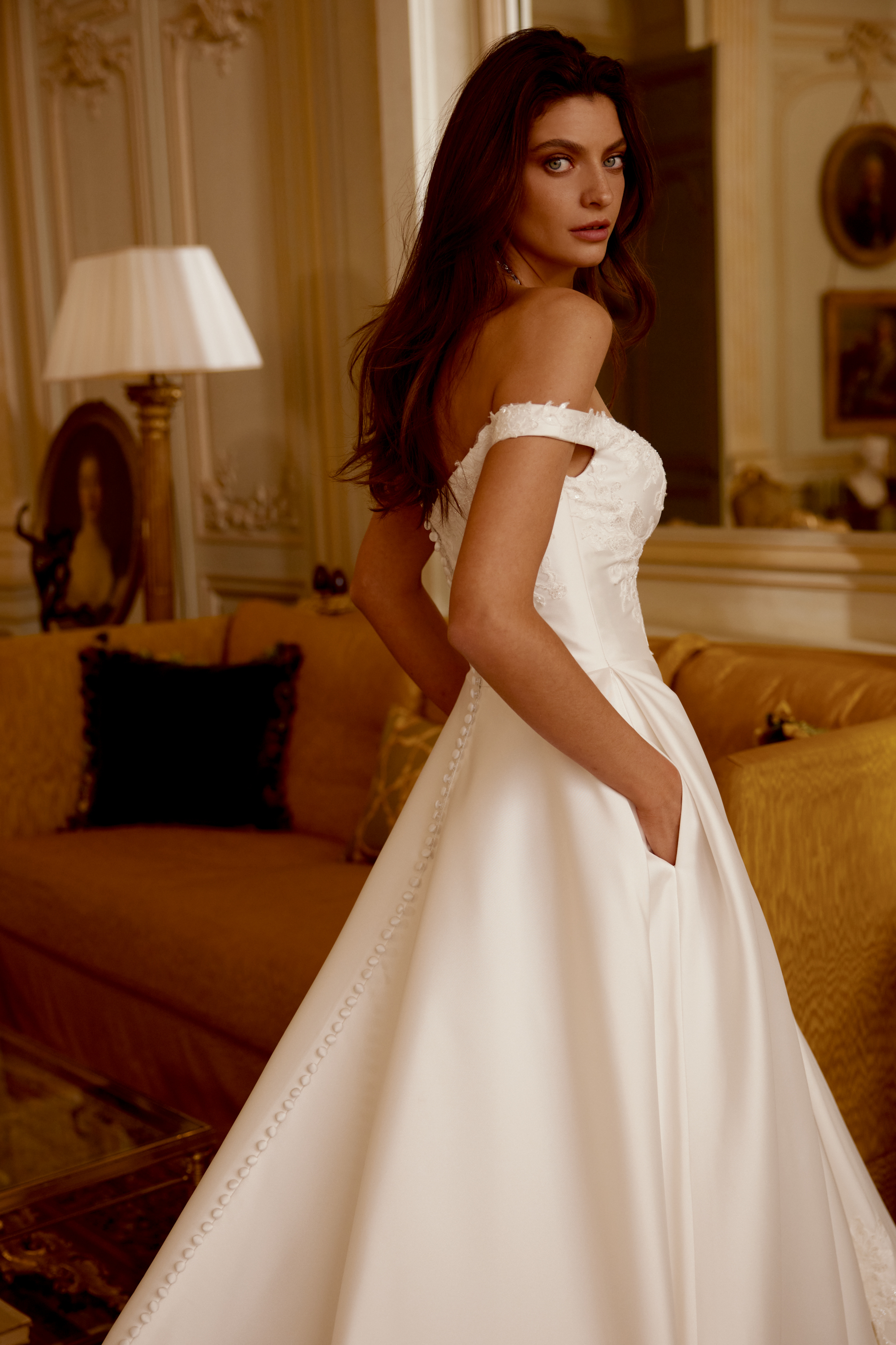 Justin Alexander Style 88411 Jersey Satin A-Line Gown with Sequined Lace and Dramatic Cathedral Train