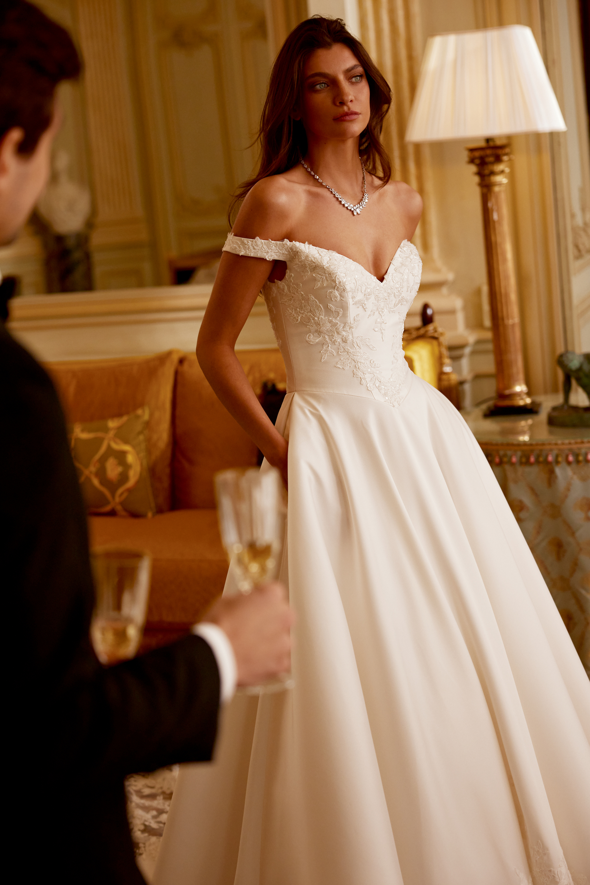 Justin Alexander Style 88411 Jersey Satin A-Line Gown with Sequined Lace and Dramatic Cathedral Train