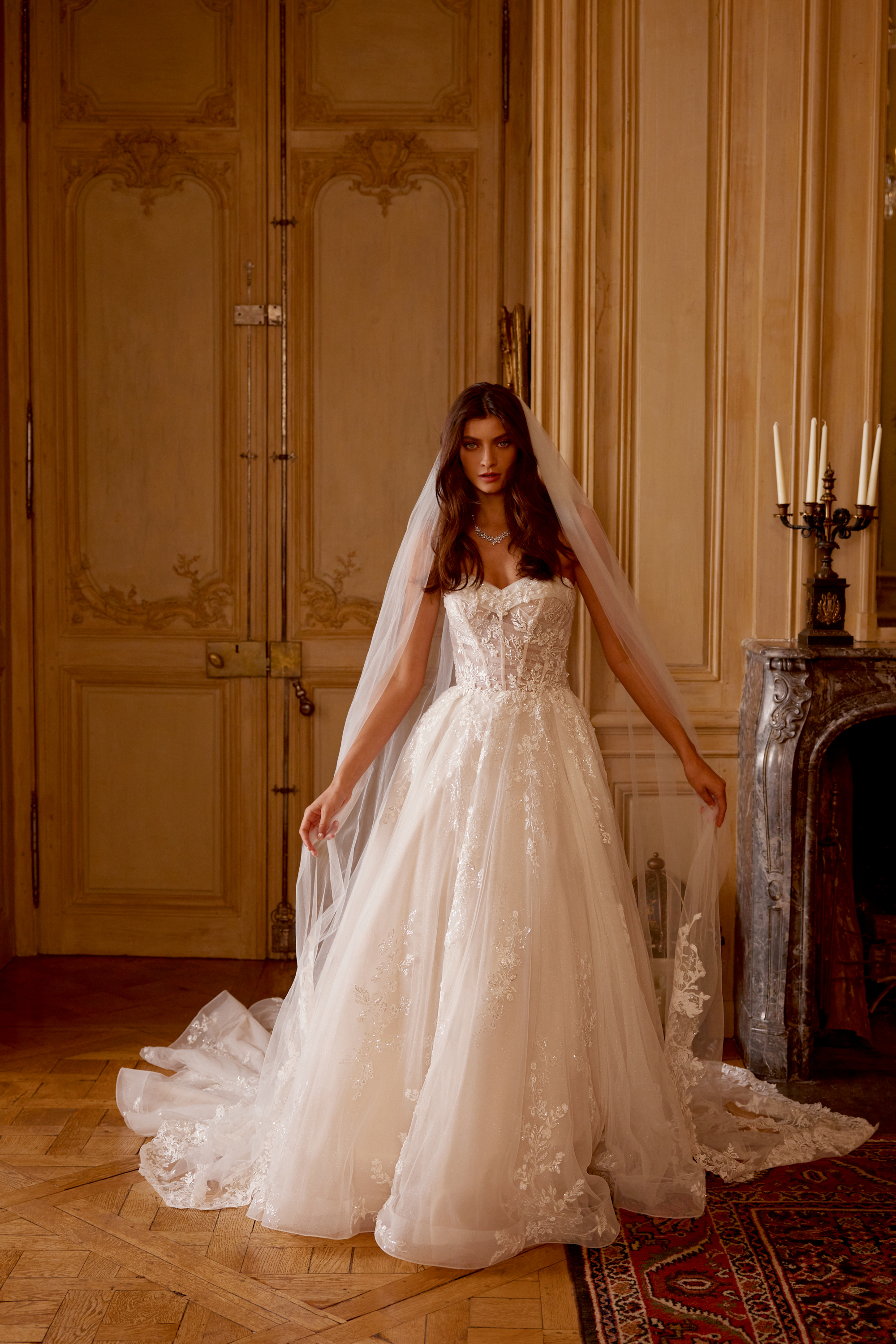 Justin Alexander Style 88413 Julia Strapless Sequined and Lace Ball Gown with Cuff Detail at Neckline