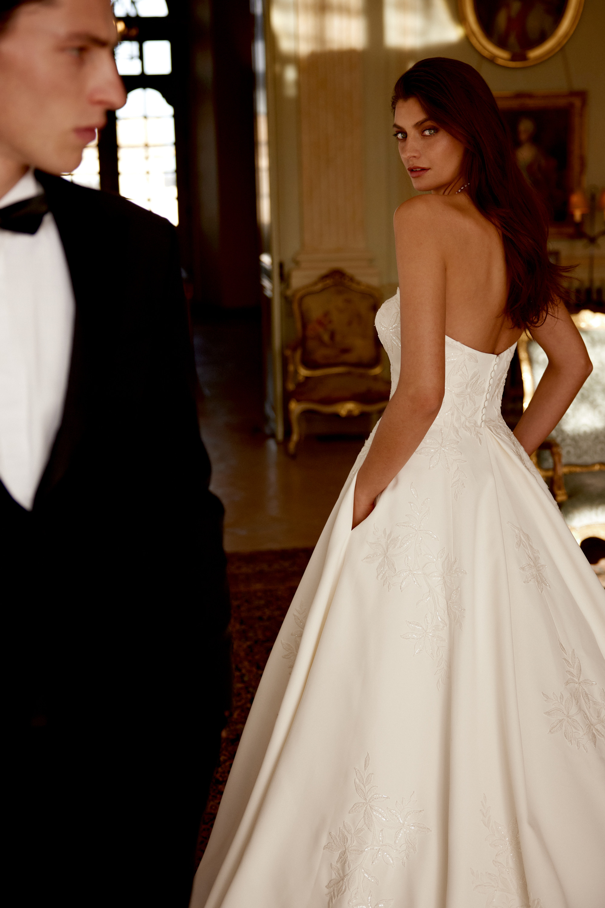 Justin Alexander Style 88425 Jordan Satin A-Line Gown with Embroidered Lace and Chapel Length Train