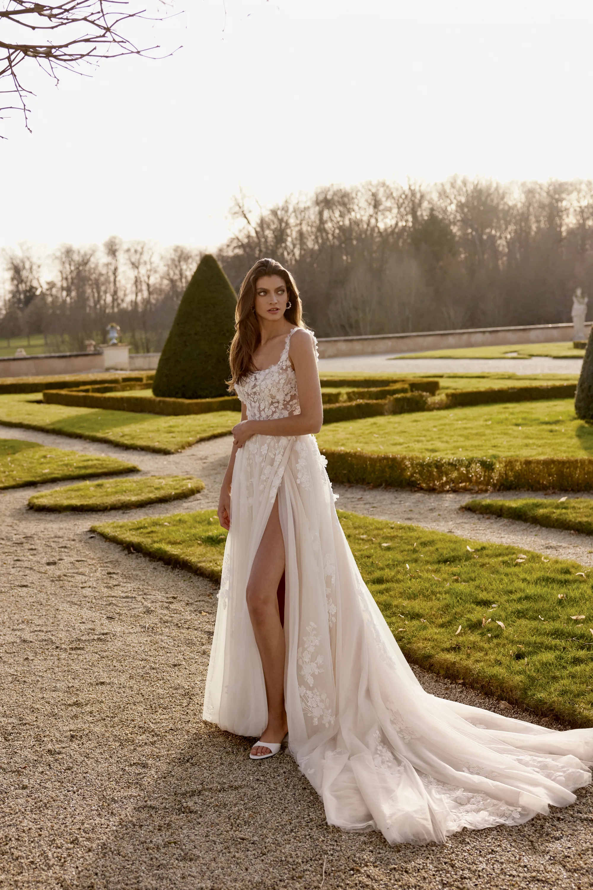 Kendra: Patterned Glitter Tulle Ball Gown with Illusion