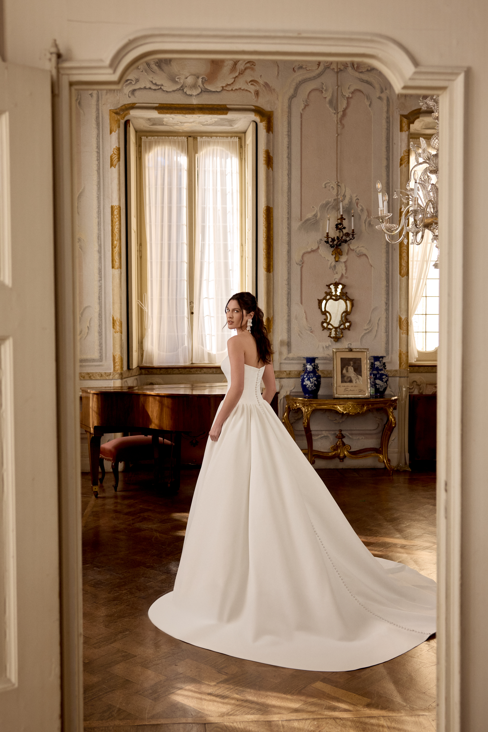 Justin Alexander Style 88466 LONDON Satin A-Line Gown with Princess Seams and Waterfall Waistline