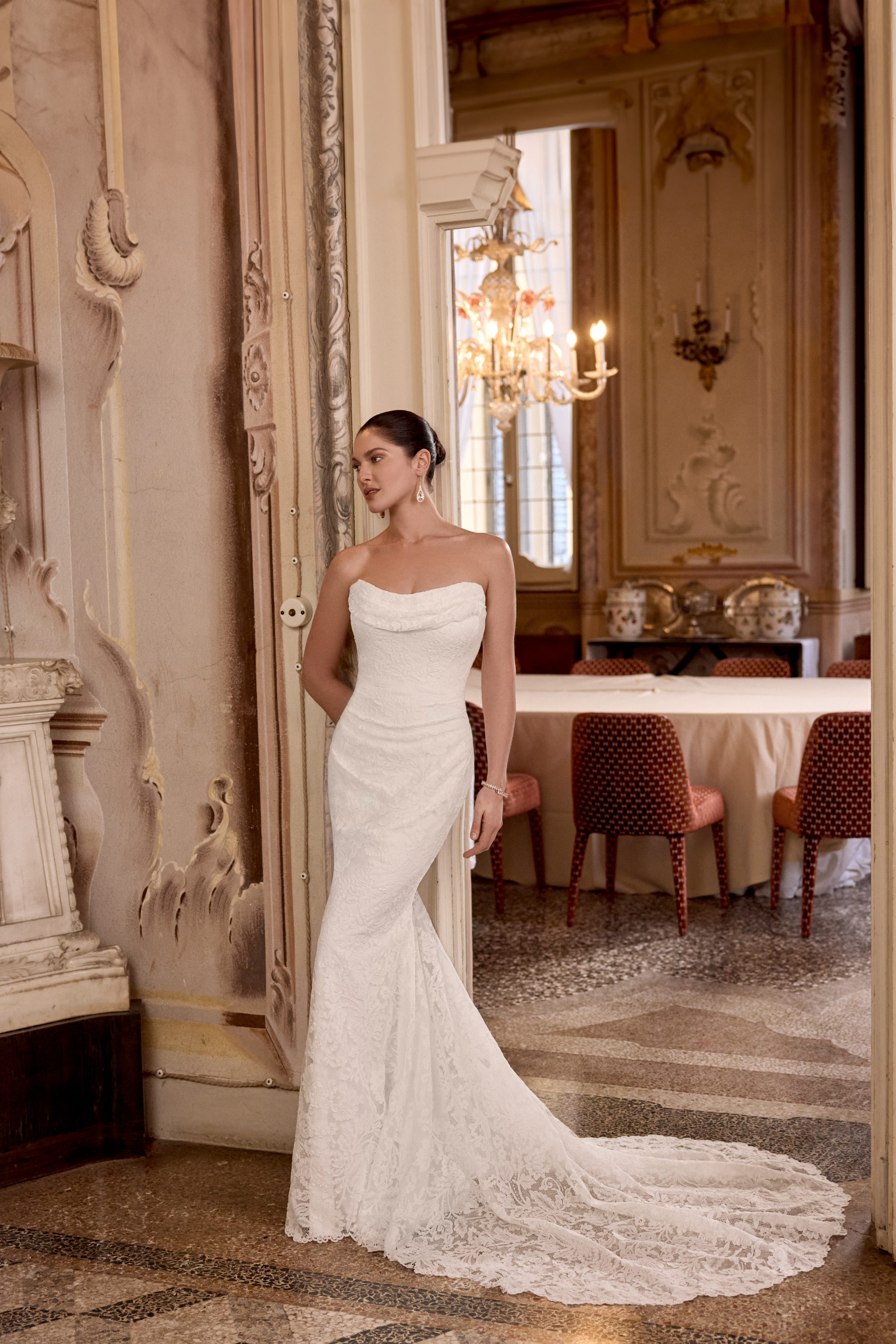 Justin Alexander Style 88469 LISSY Allover Corded Alençon Lace Fit and Flare Gown with Draping