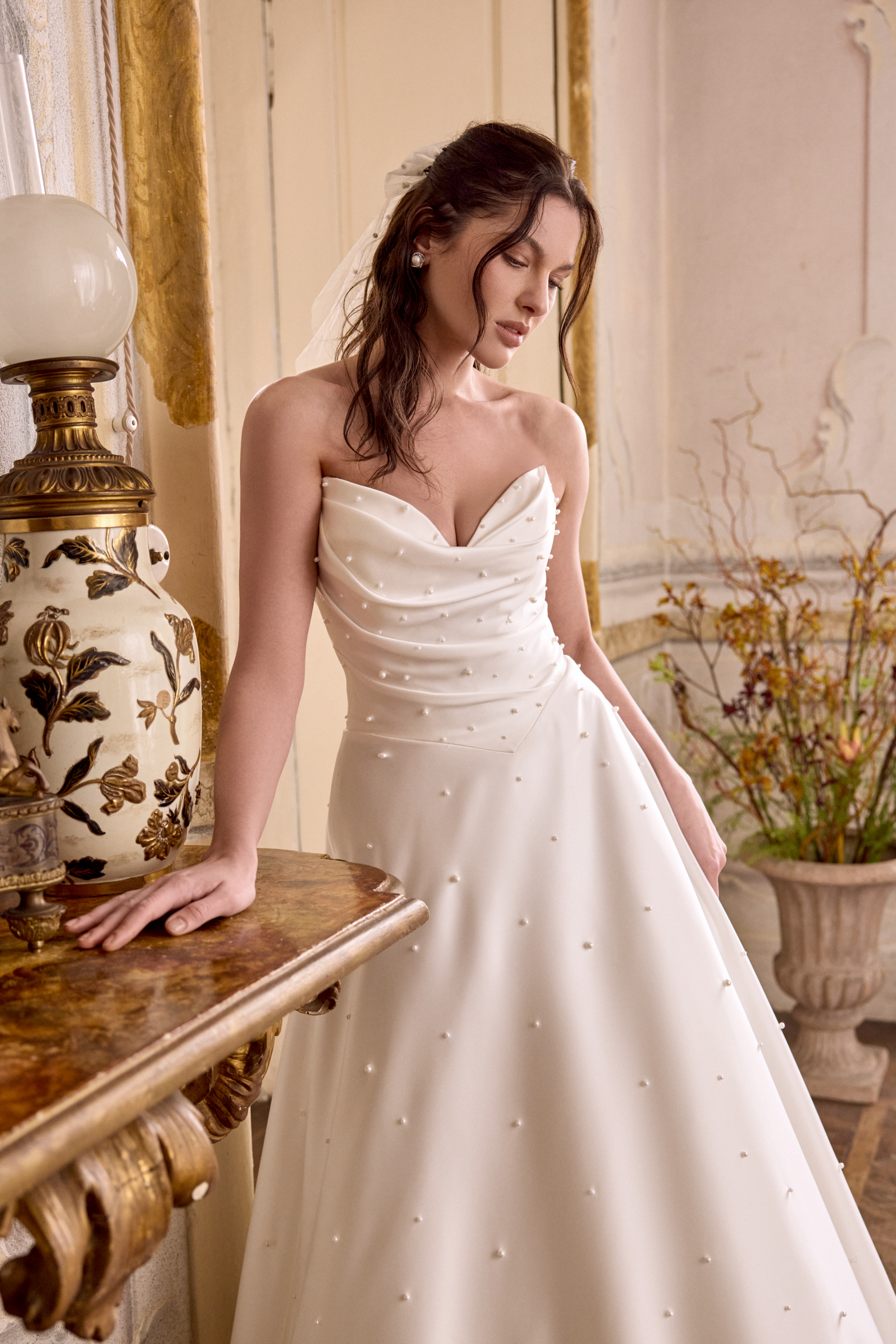 Justin Alexander Style 88475 LIZZIE Charmeuse A-Line Gown with Scattered Pearls and Pockets
