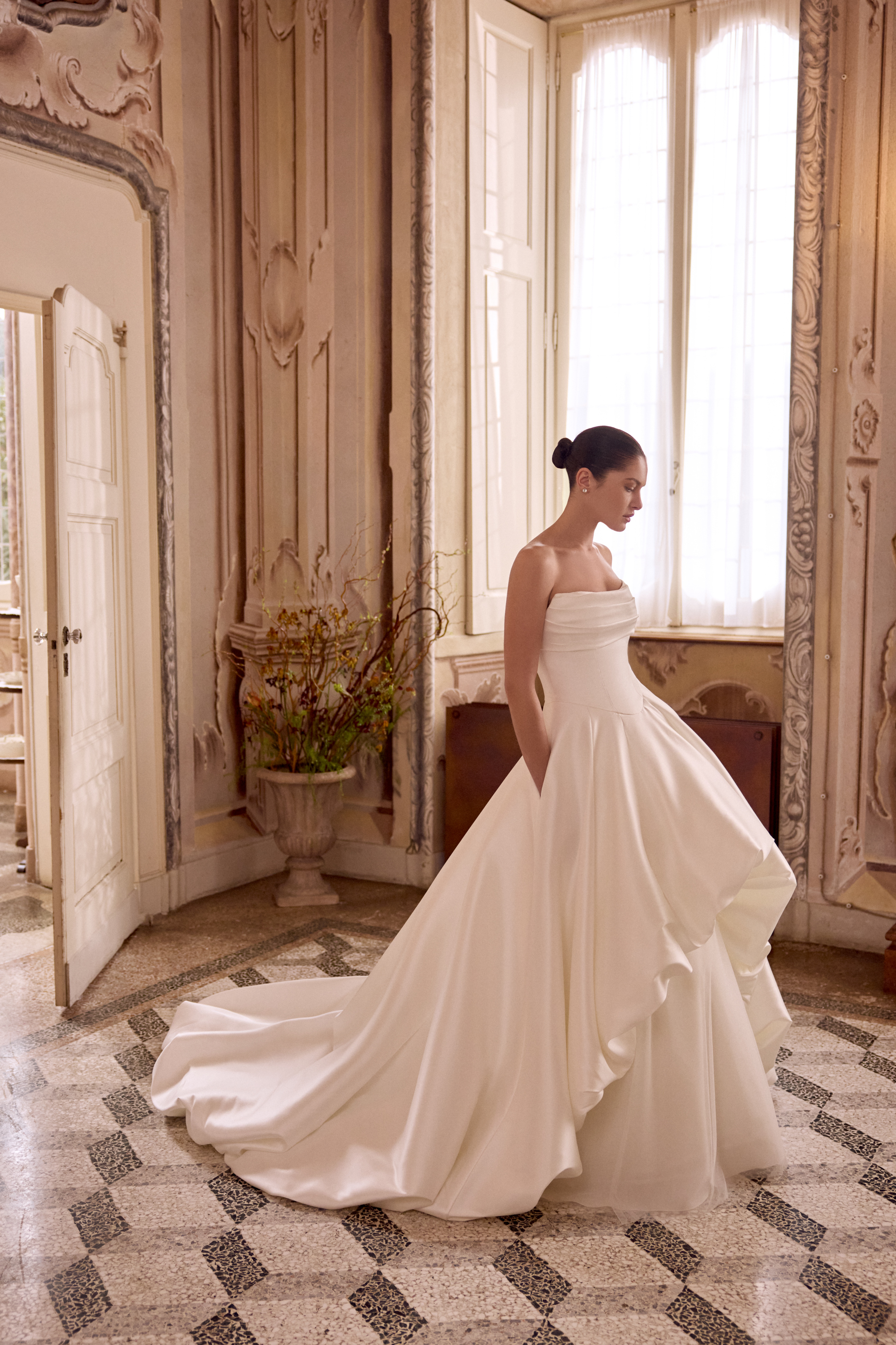 Justin Alexander Style 88476 LOTTIE Strapless Mikado High-Low Ball Gown with Bubble Hem