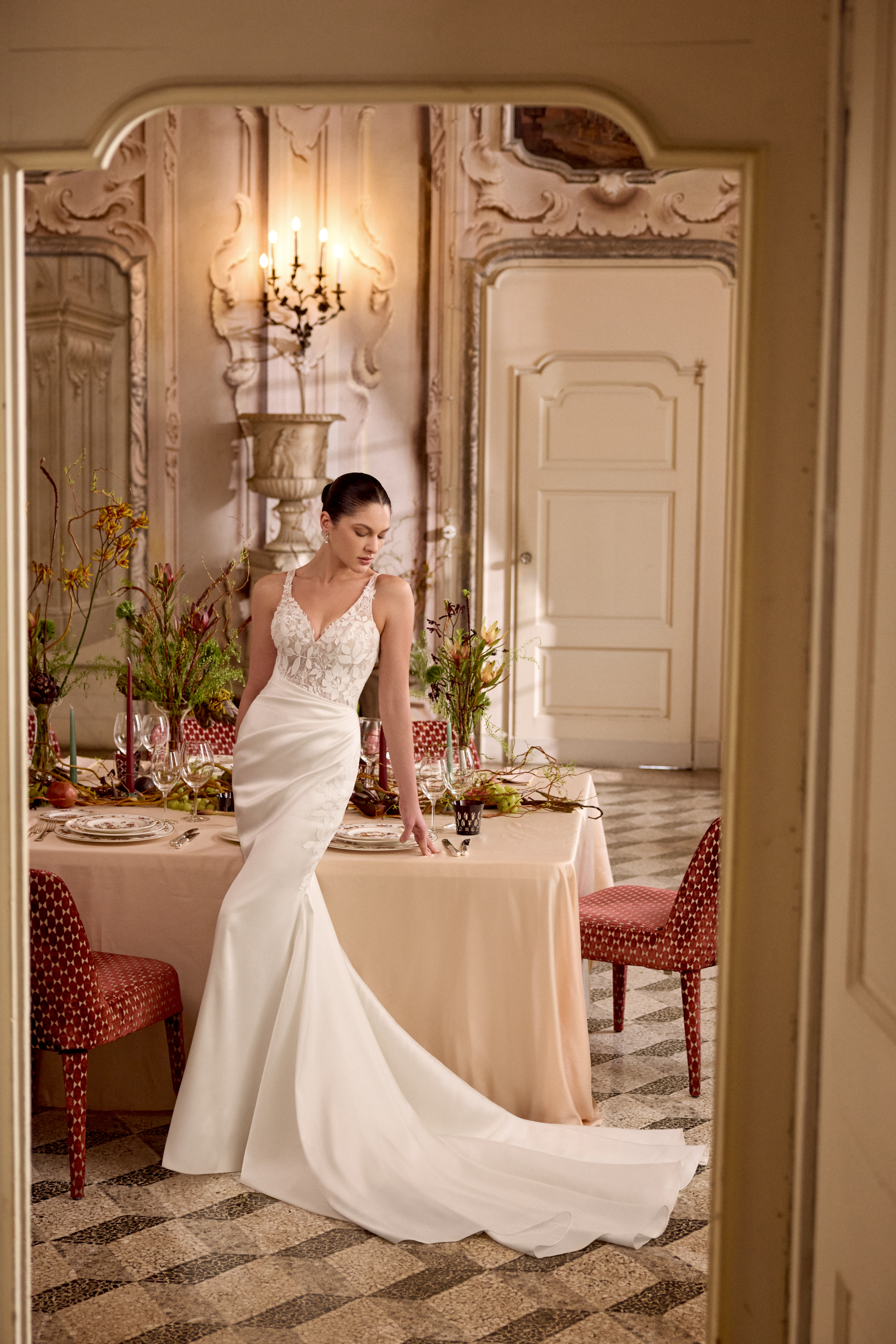 Justin Alexander Style 88478 LAINE Mikado Fit and Flare Gown with Asymmetrical Pleated Waist