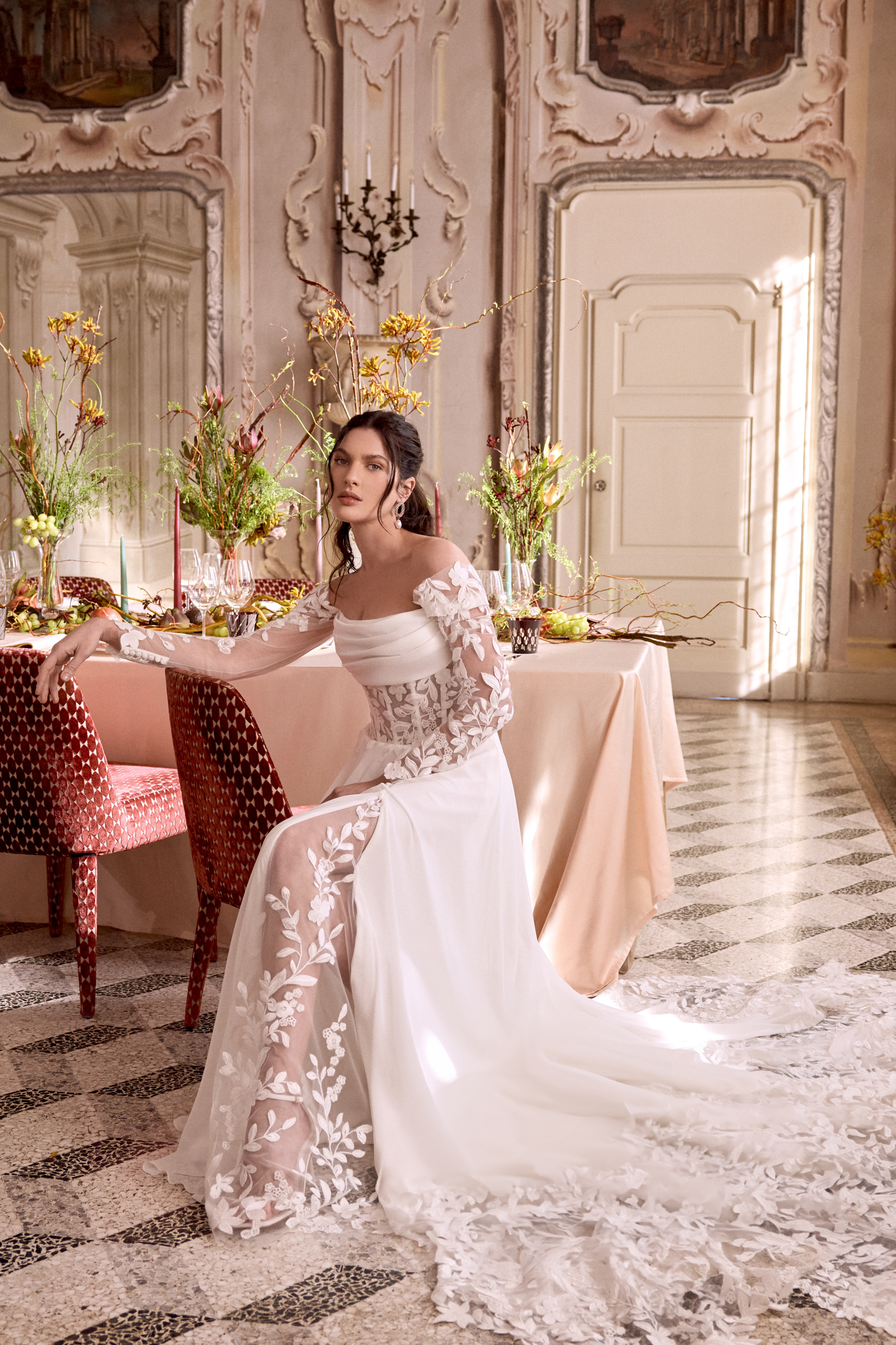 Justin Alexander Style 88480 LEILA Chiffon A-Line Gown with Draped Cowl Detail and Sheer Bodice