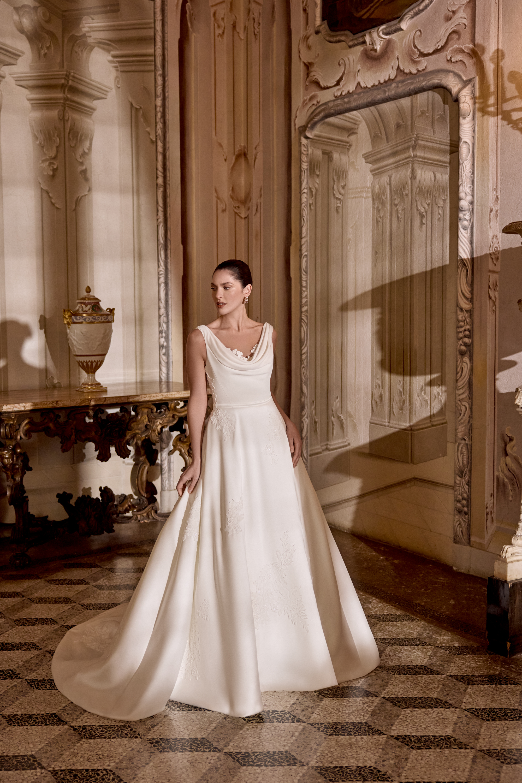 Justin Alexander Style 88482 LINDSAY Mikado Ball Gown with Cowl Peek-A-Boo Neckline and Illusion V-Back