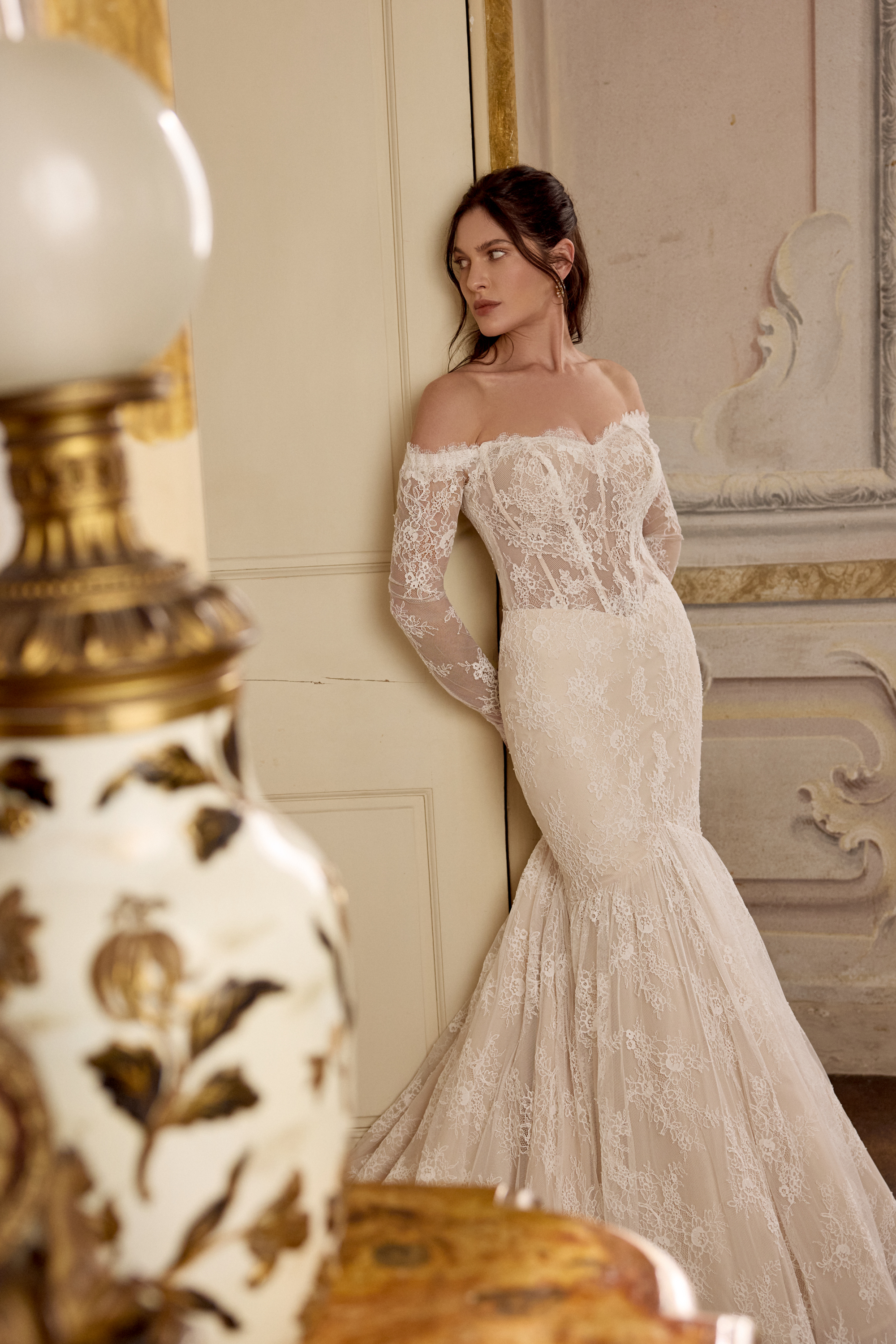 Justin Alexander Style 88484SL LOLITA SLEEVES Detachable Alençon Corded Lace Off-The-Shoulder Long Sleeves