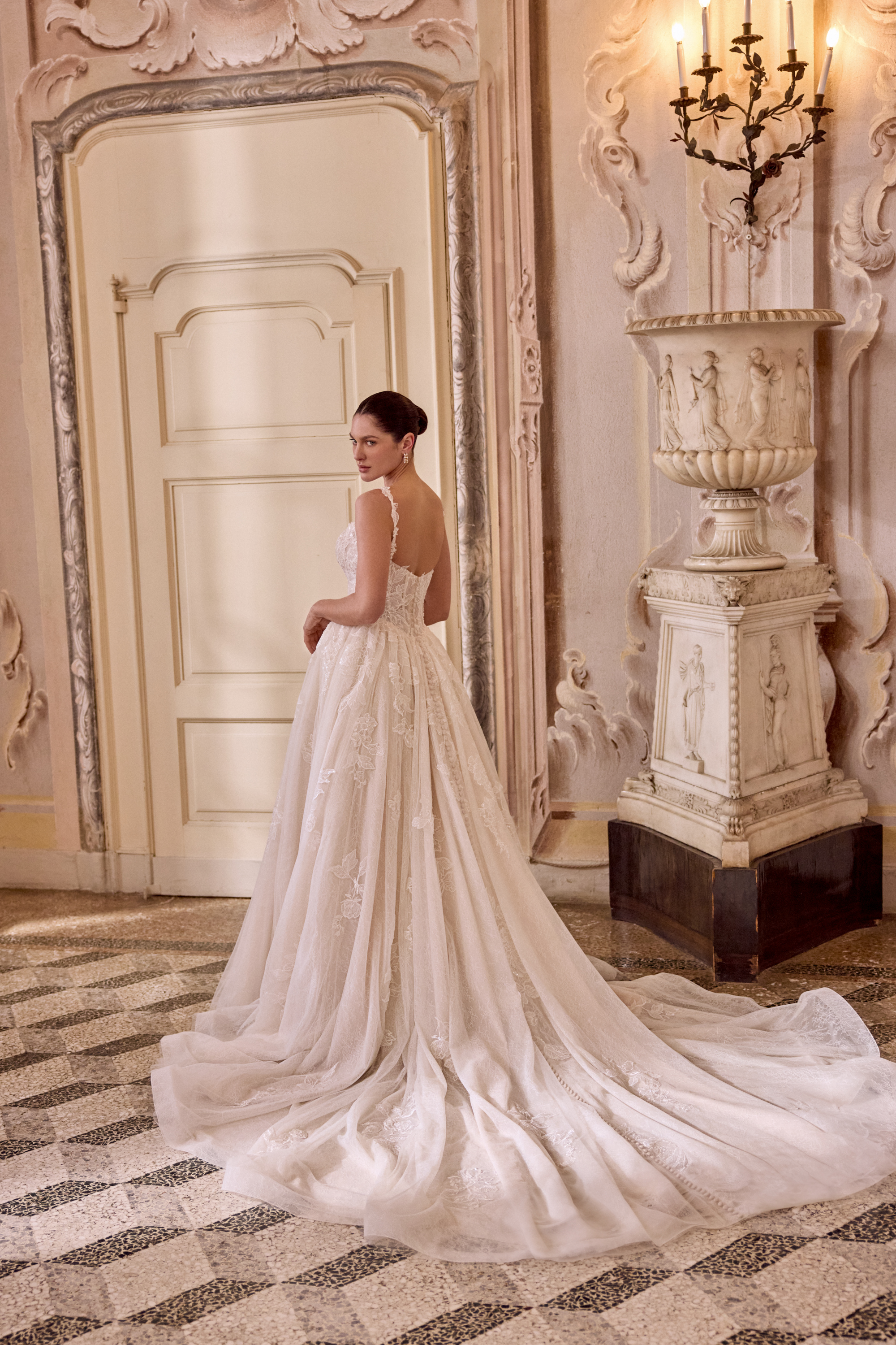 Justin Alexander Style 88487 LAURA Sparkling Lace Ball Gown with Basque Waistline and Pockets