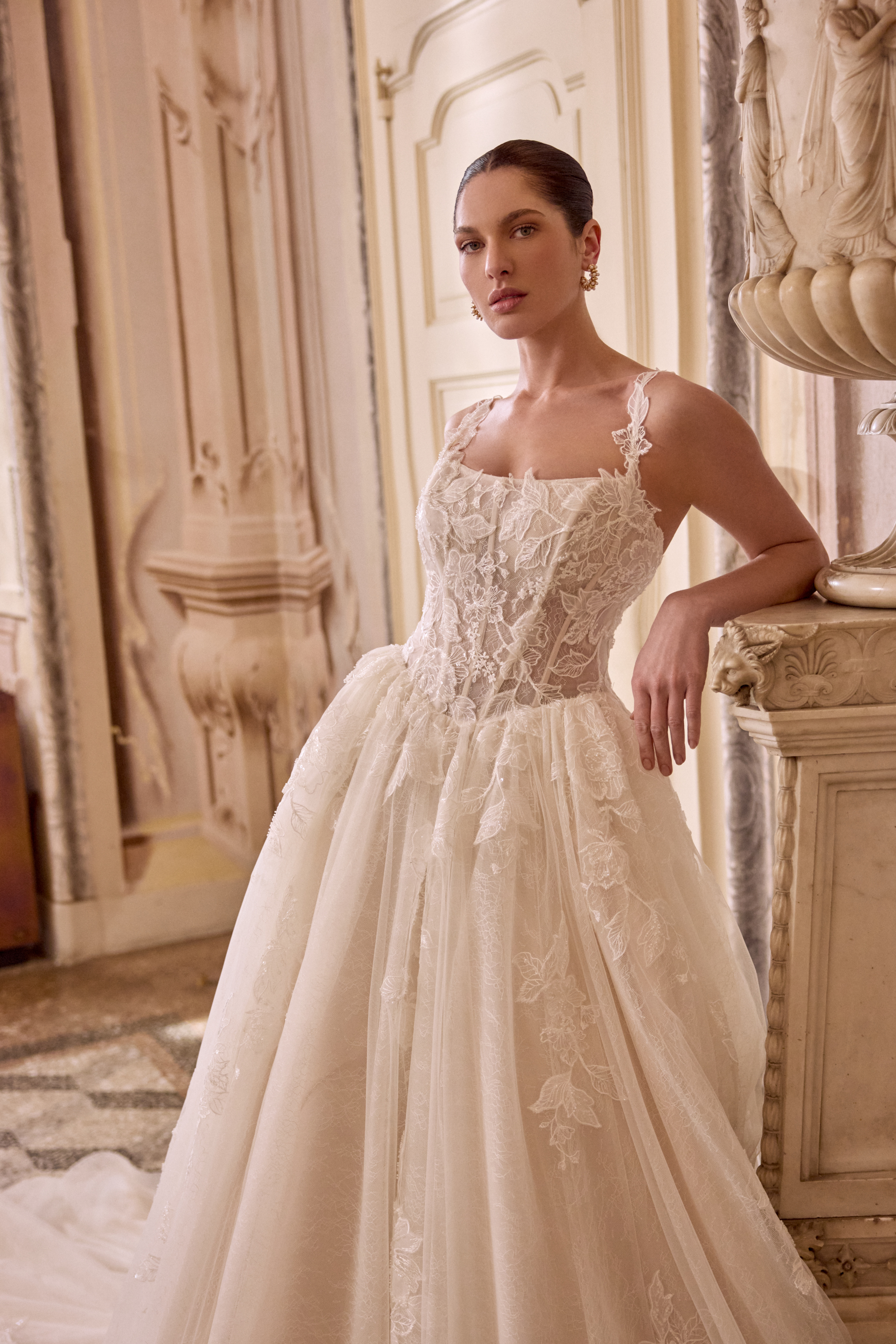 Justin Alexander Style 88487 LAURA Sparkling Lace Ball Gown with Basque Waistline and Pockets