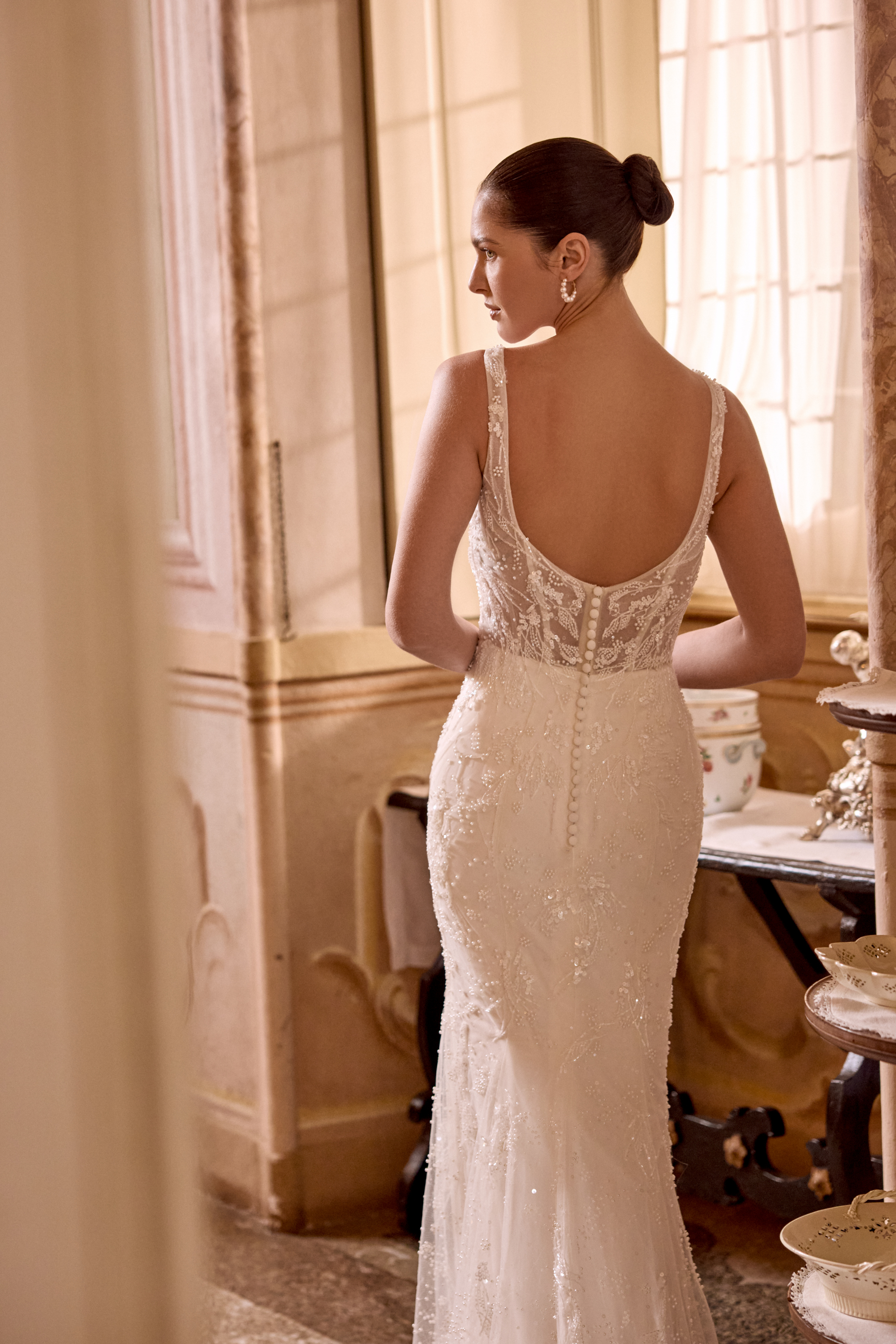 Justin Alexander Style 88488 LIANA Allover Beaded Fit and Flare Gown with Draped Neckline & Sheer Bodice