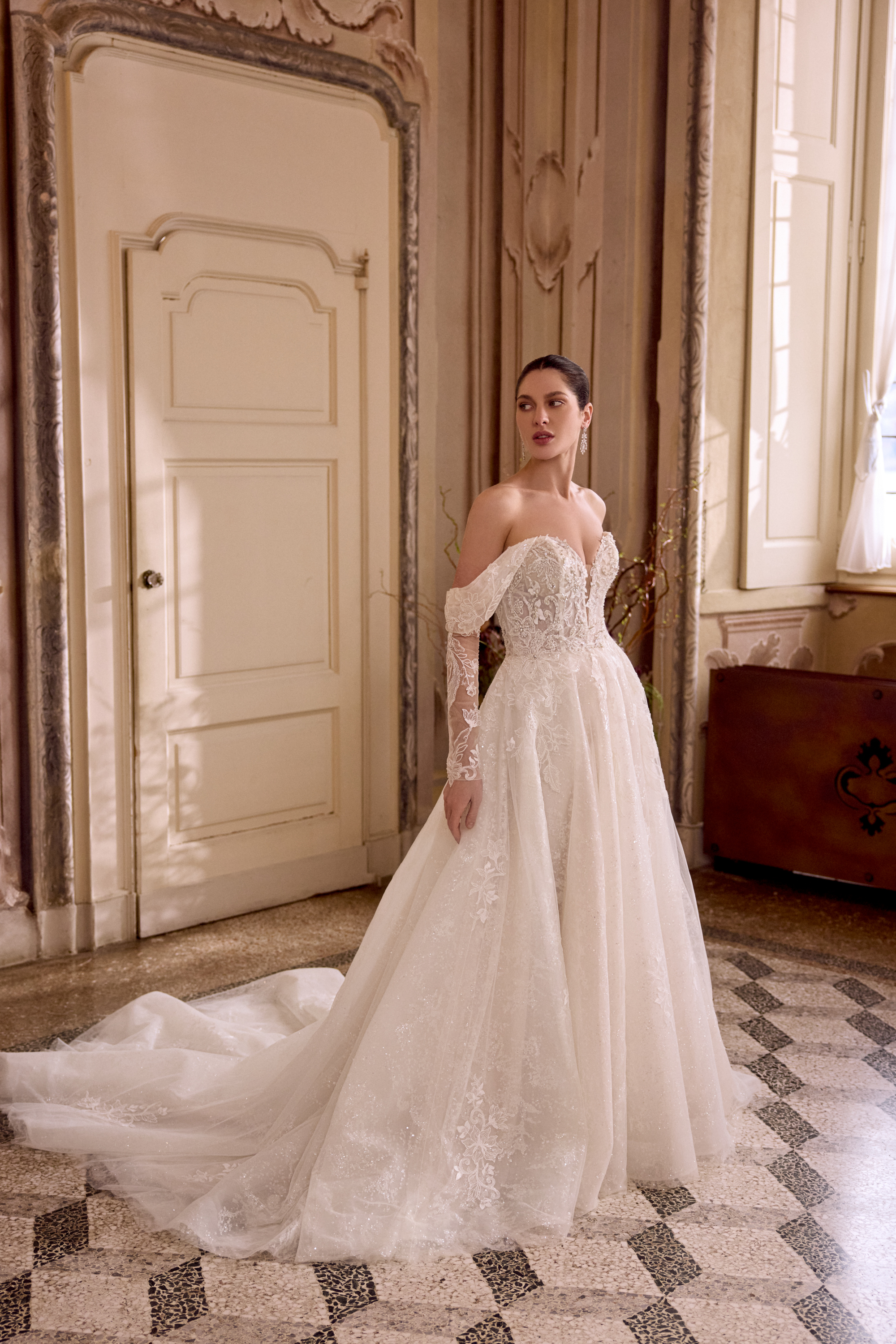 Justin Alexander Style 88489 LEILANI Sparkling Tulle Ball Gown with Plunging Neck & Off-the-Shoulder Straps