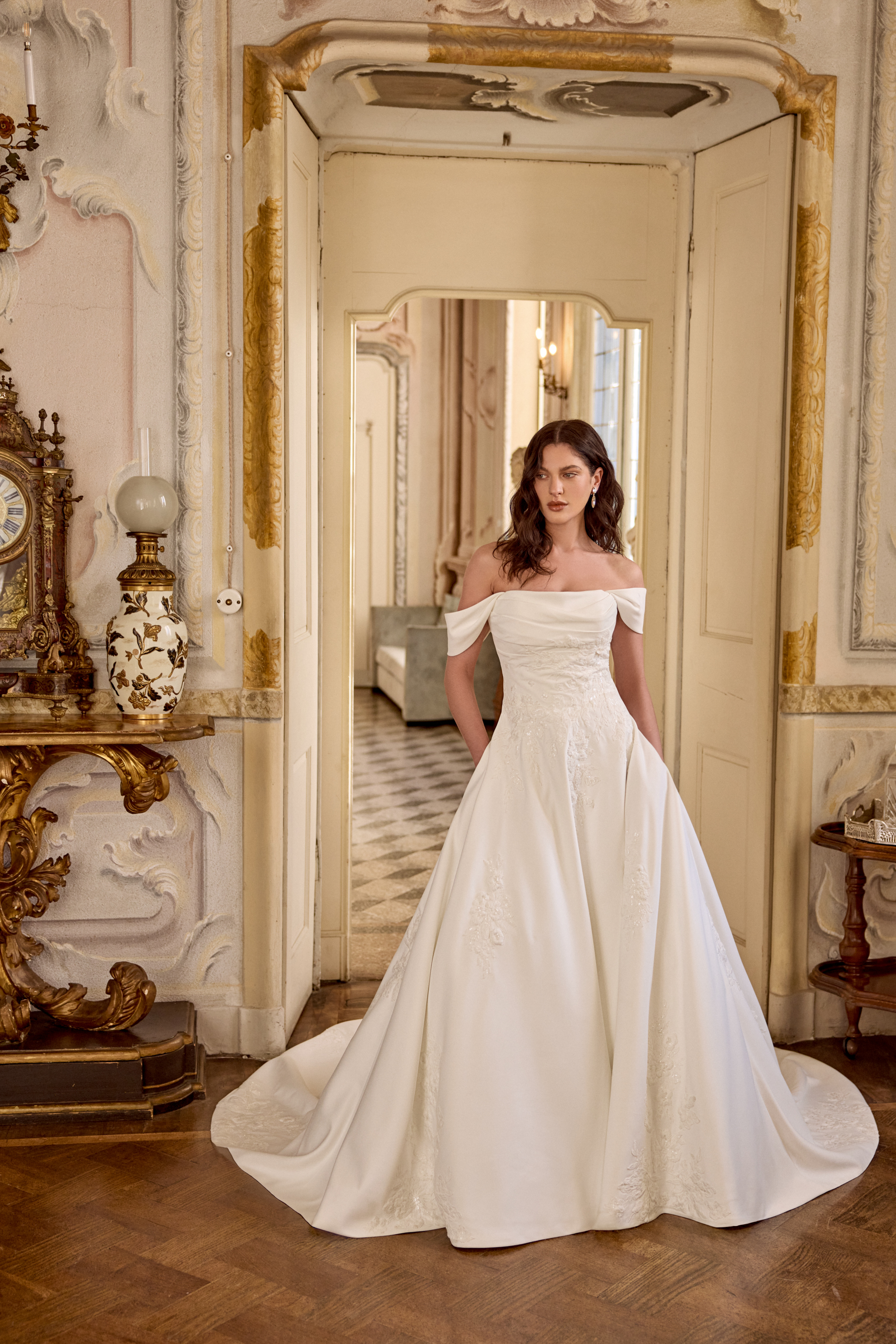 Justin Alexander Style 88491 LARISSA Matte Satin A-Line Gown with Detachable Off-the-Shoulder Straps