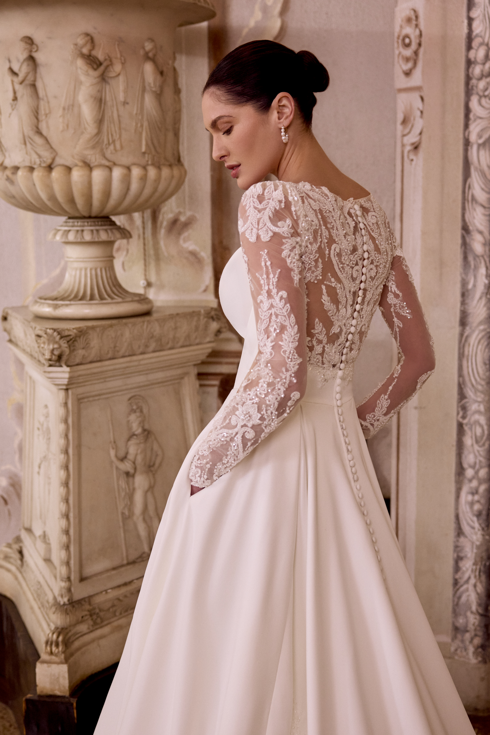 Justin Alexander Style 88493 LISBETH Matte Satin A-Line Gown with Plunging Neckline and Tulle Long Sleeves