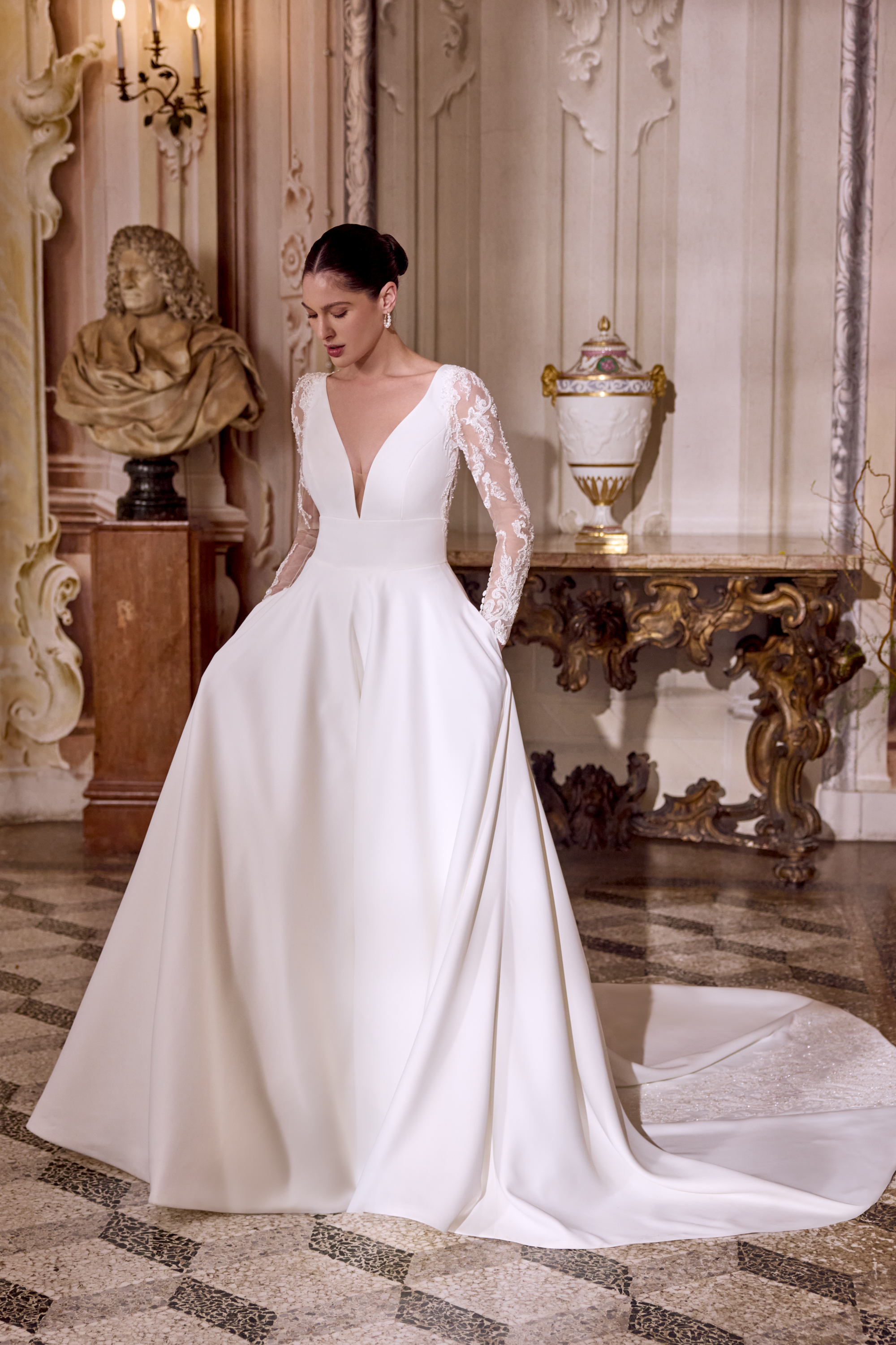 Justin Alexander Style 88493 LISBETH Matte Satin A-Line Gown with Plunging Neckline and Tulle Long Sleeves