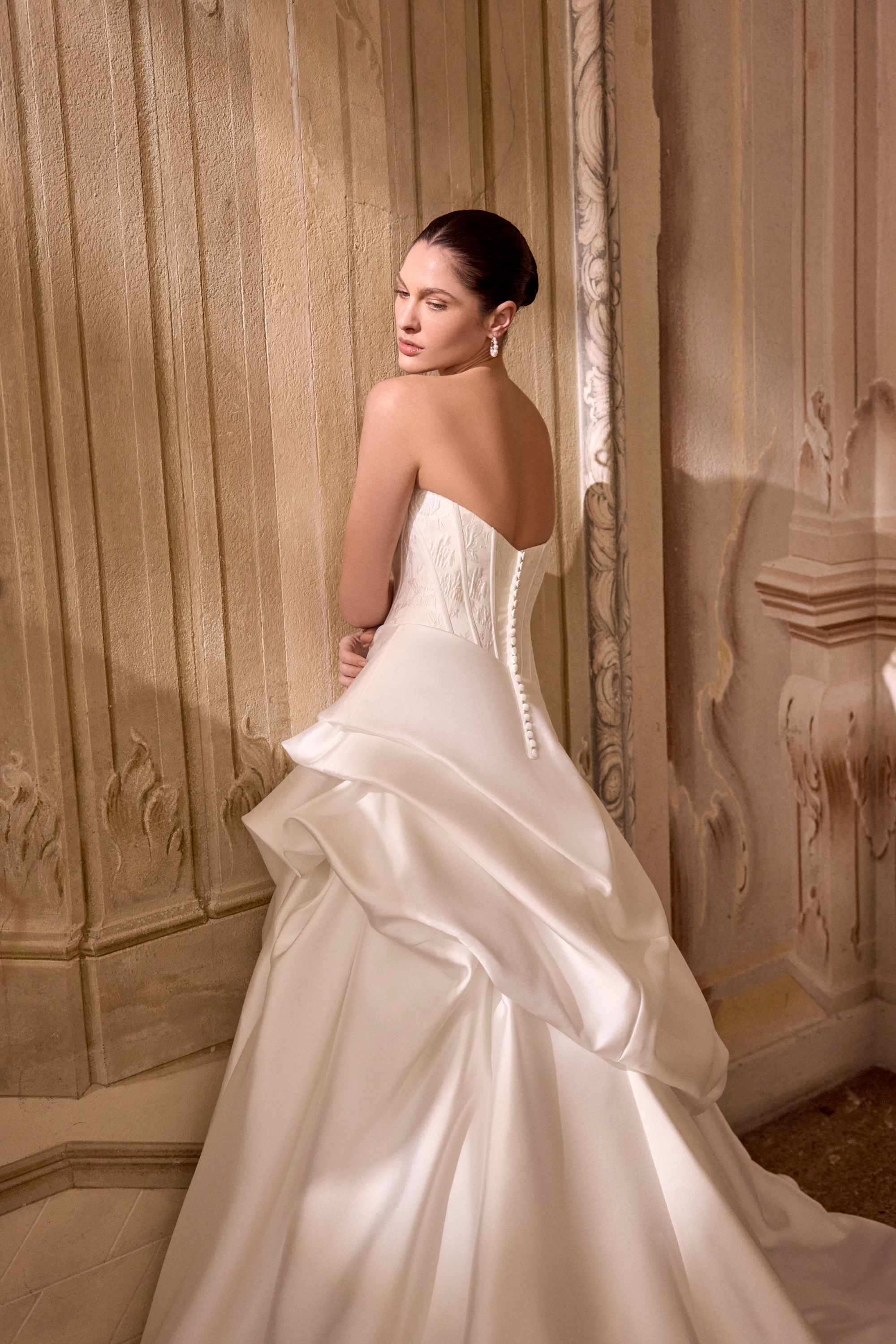 Justin Alexander Style 88494 LEIZEL Mikado Ball Gown with Brocade Bodice and Asymmetric Pick-Up Detail