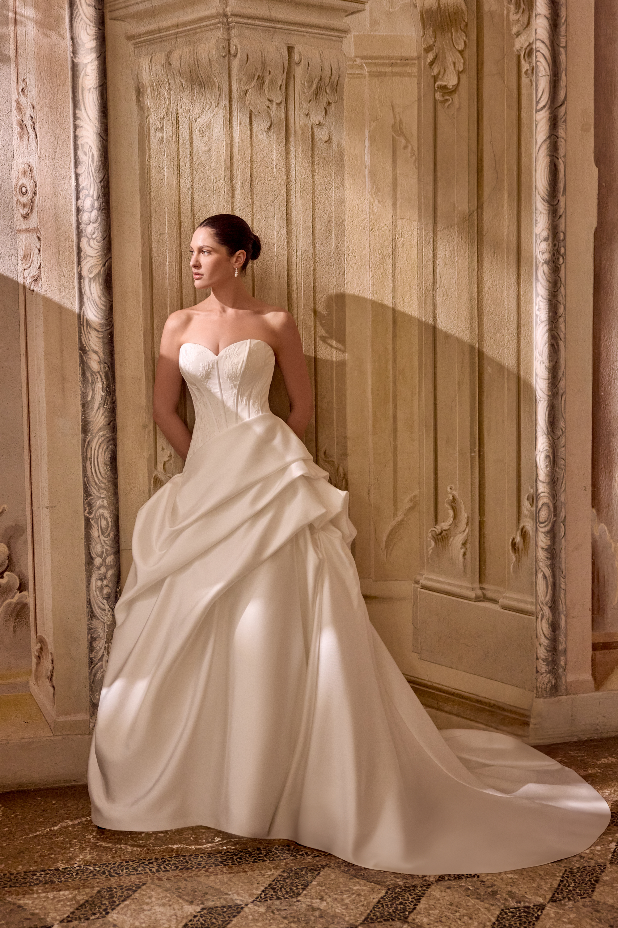 Justin Alexander Style 88494 LEIZEL Mikado Ball Gown with Brocade Bodice and Asymmetric Pick-Up Detail