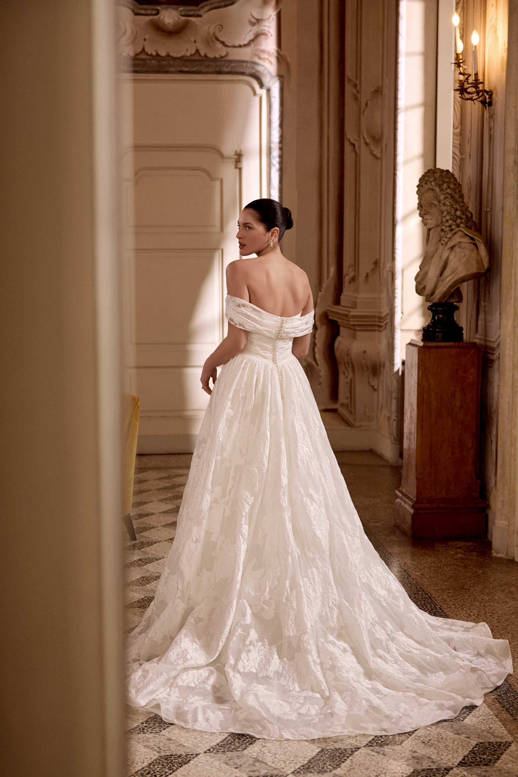 Justin Alexander Style 88495 LILY Organza Jacquard Ball Gown with Ruched Bodice and Basque Waist