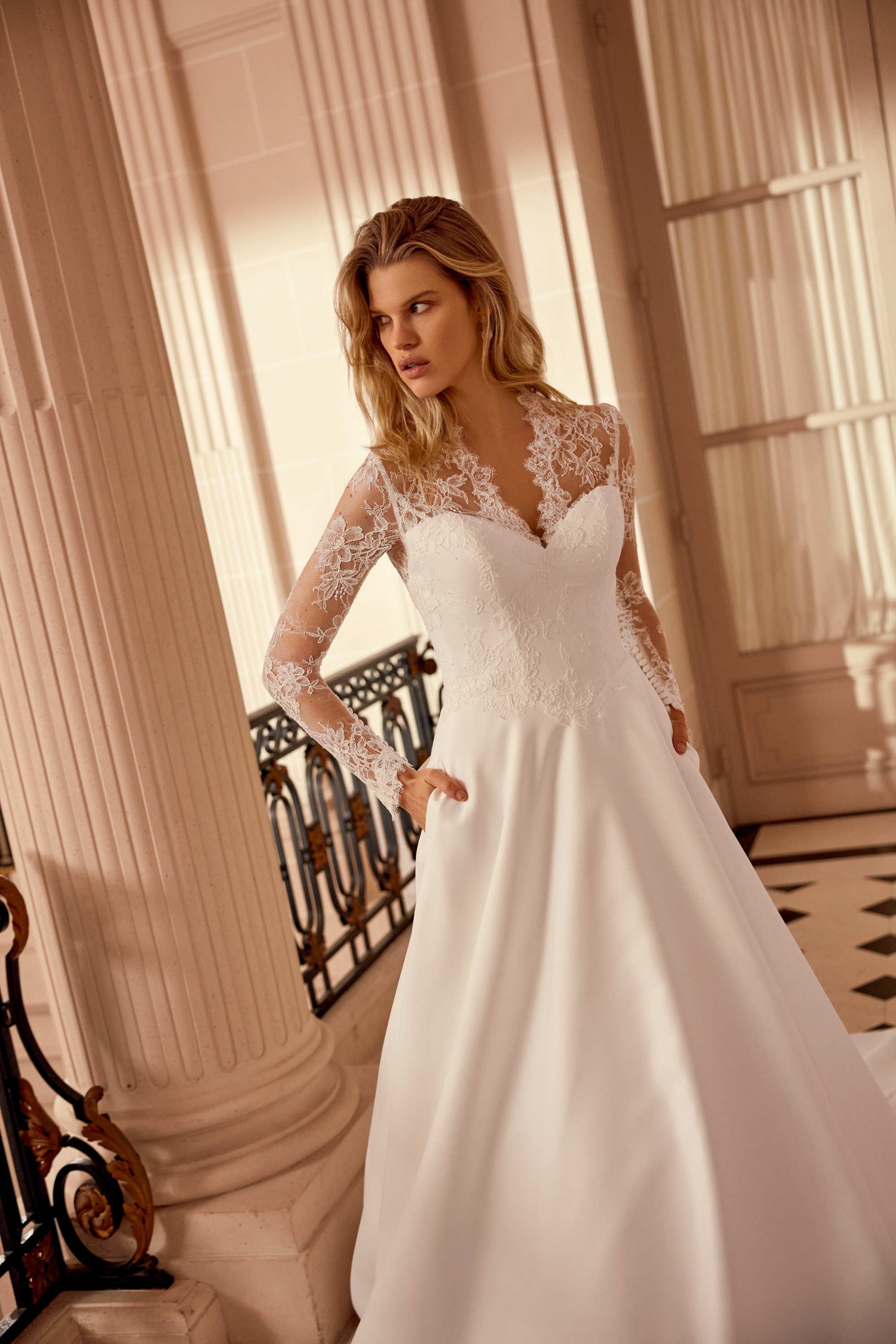 Justin Alexander Style 88537 Nadia Satin A-Line Gown with Corded Alençon Lace Bodice with V-Neckline and Long Sleeves