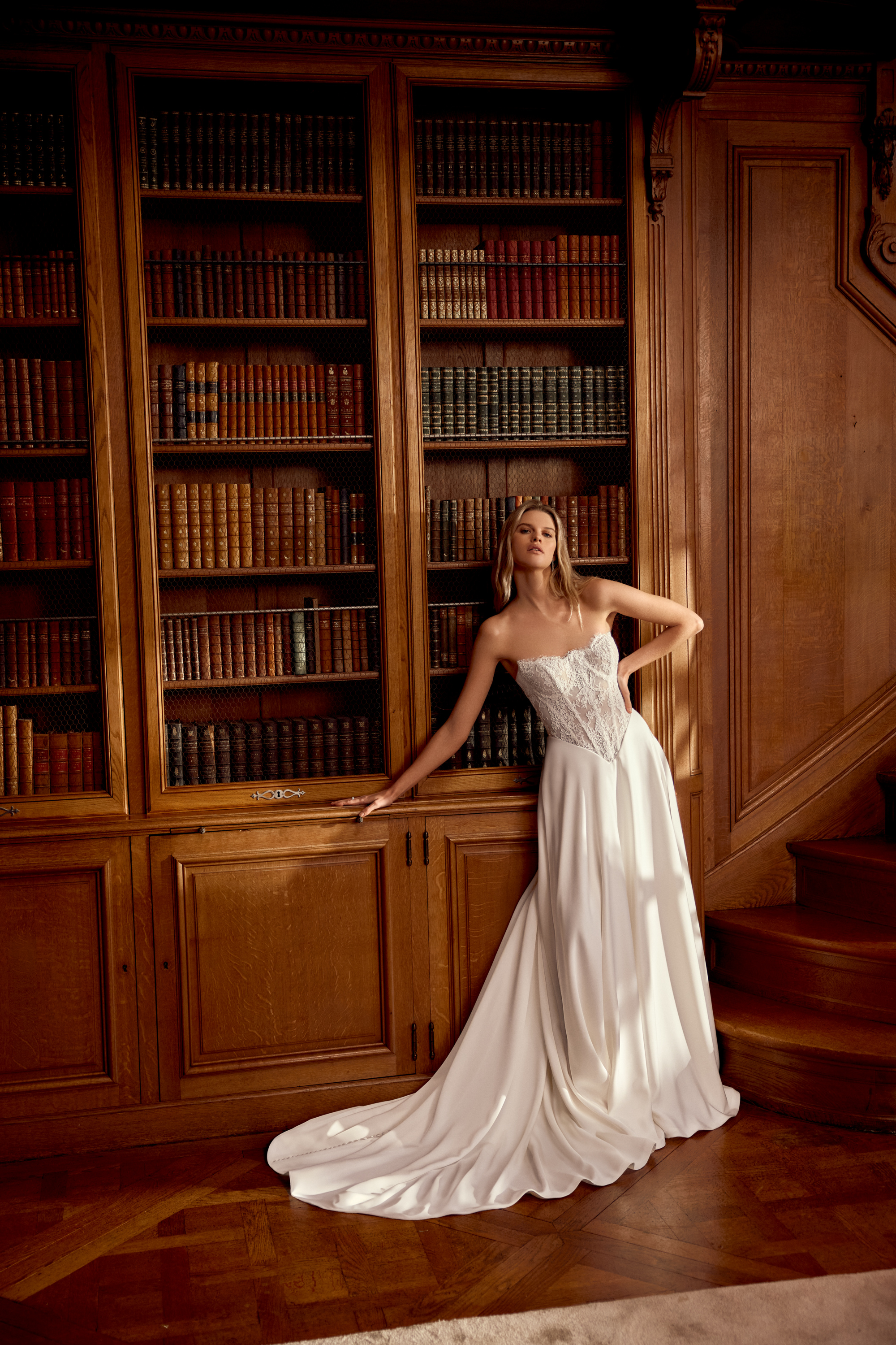 Justin Alexander Style 88540 Noa Charmeuse A-Line Dress with Corded Alençon Lace Sheer Bodice and Basque Waistline