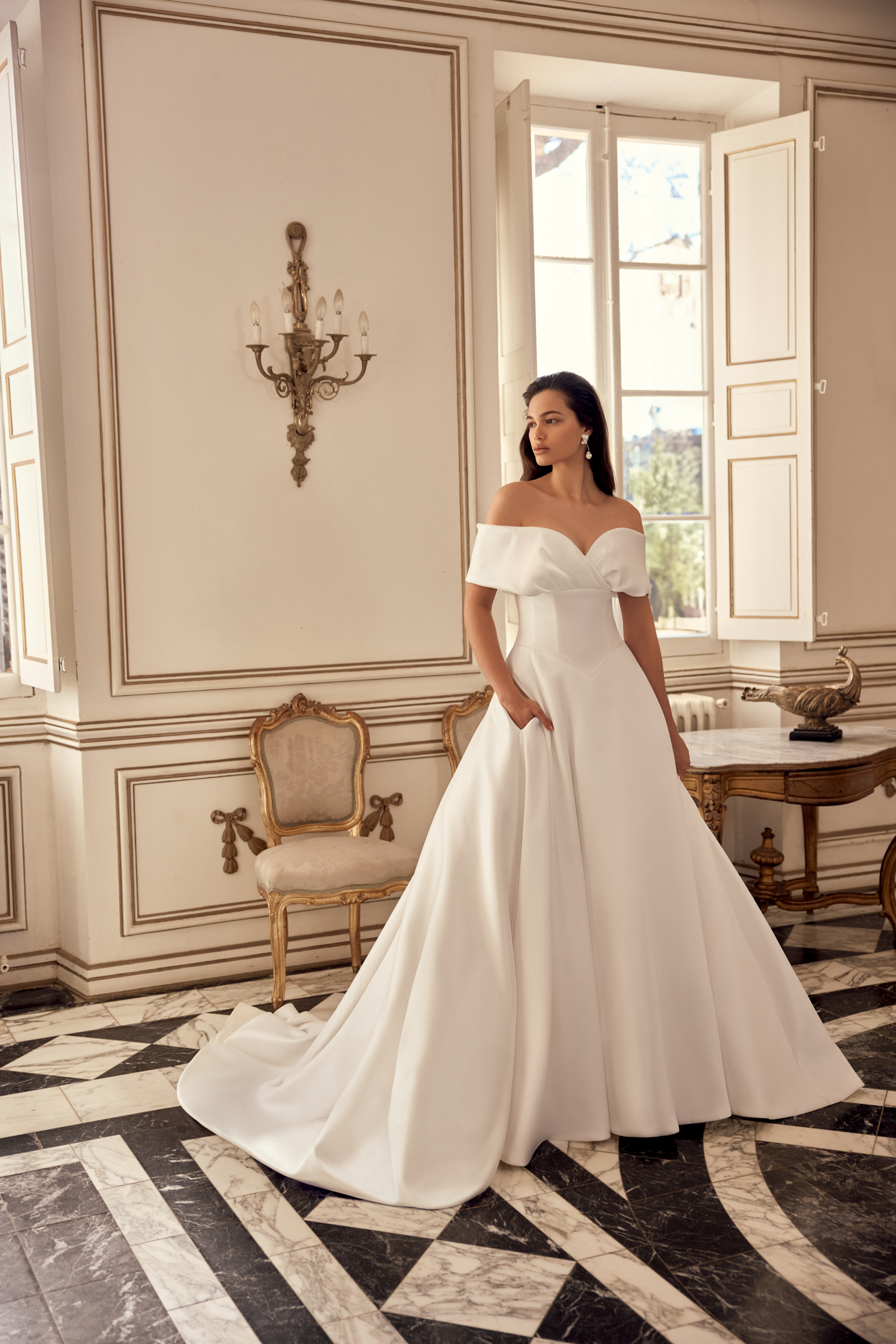 Justin Alexander Style 88552 Naima Mikado A-Line Gown with Off-the-Shoulder Portrait Neckline and Basque Waist