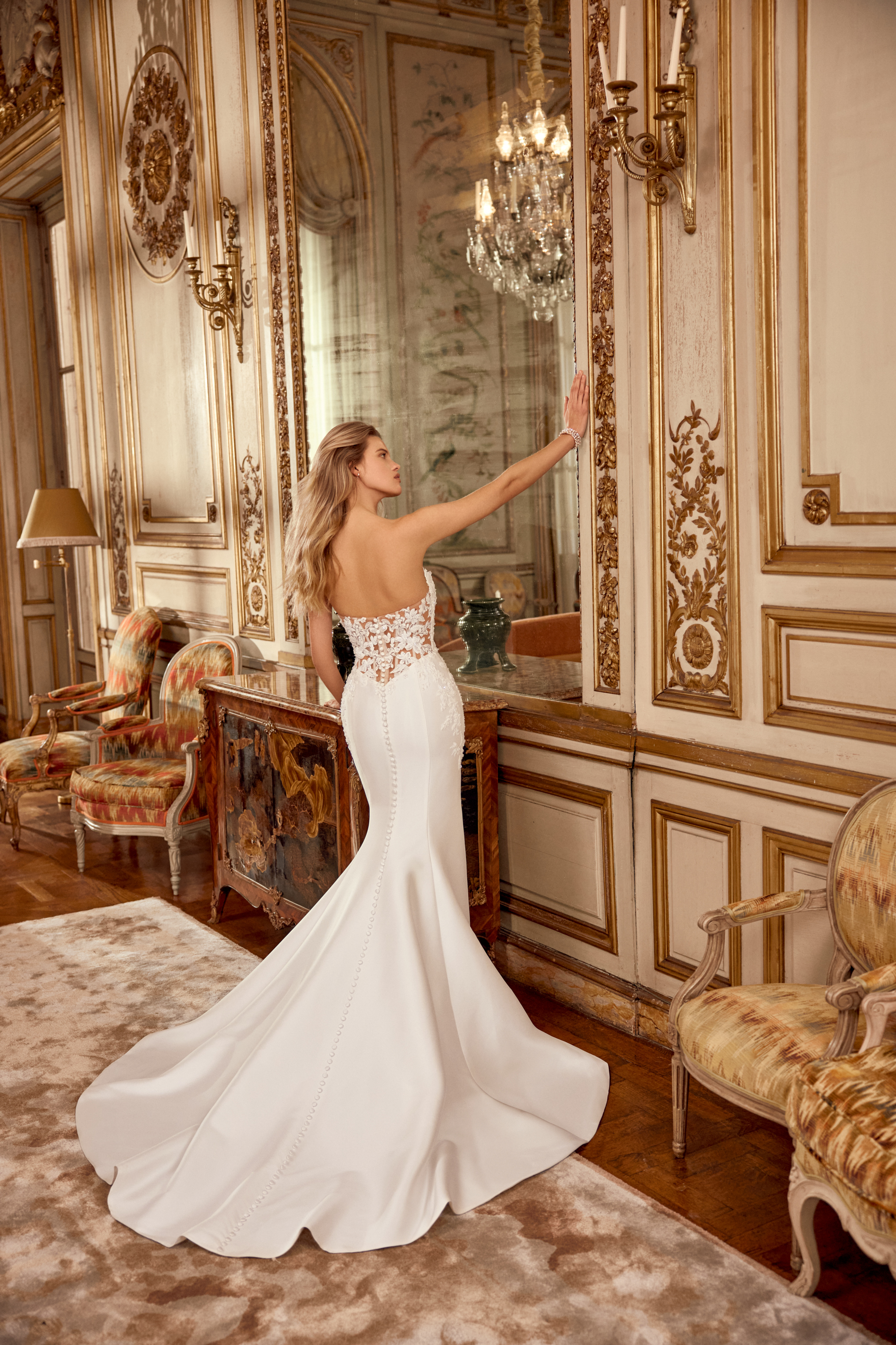 Justin Alexander Style 88553 Nyssa Fit and Flare Gown with Beaded and Sequined Lace Appliqués on Bodice and Illusion Back