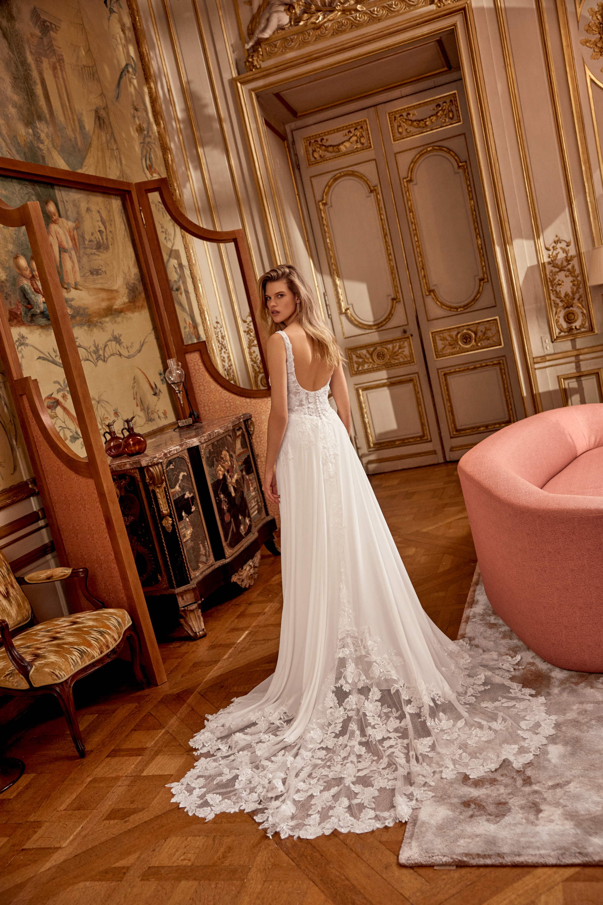 Justin Alexander Style 88554 Nivara Sparkling Chiffon A-Line Gown with Beaded and Sequined Appliqués on Bodice with Dramatic Cut-Out Train