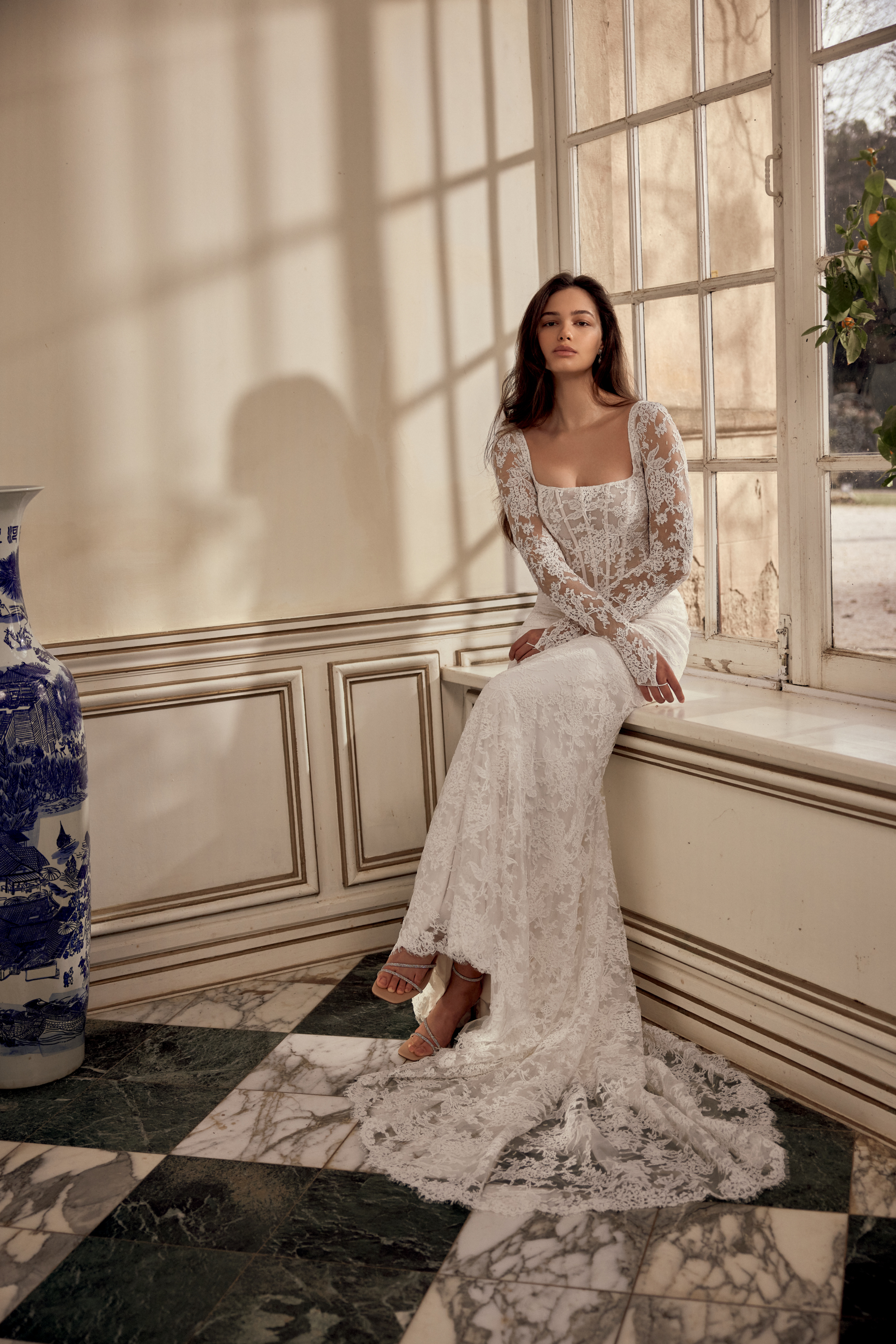 Justin Alexander Style 88556SL Navy Sleeves Detachable Allover Corded Alençon Lace Illusion Long Sleeves