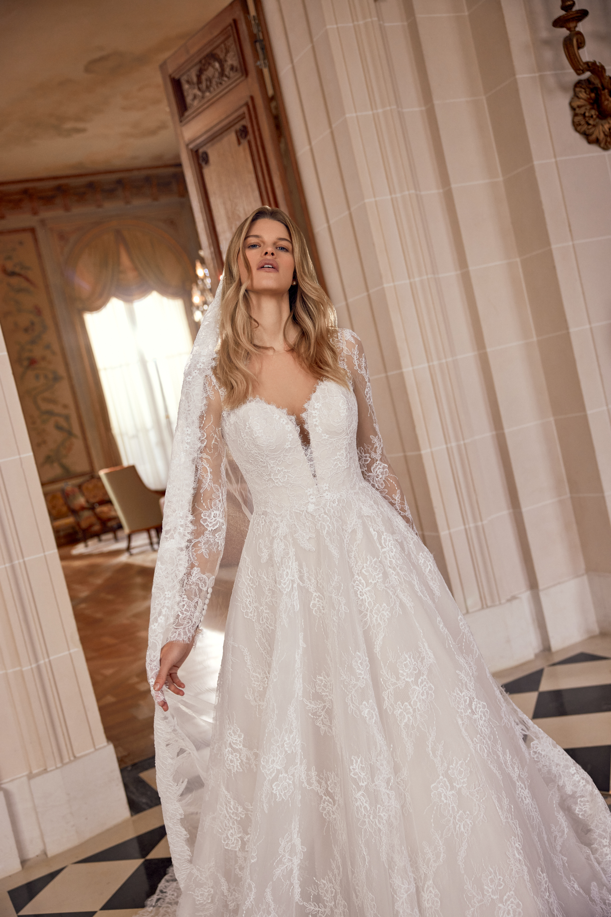 Justin Alexander Style 88557 Nela Allover Alençon Corded Lace A-Line Gown with Plunging Queen Anne Neckline and Illusion Keyhole Back