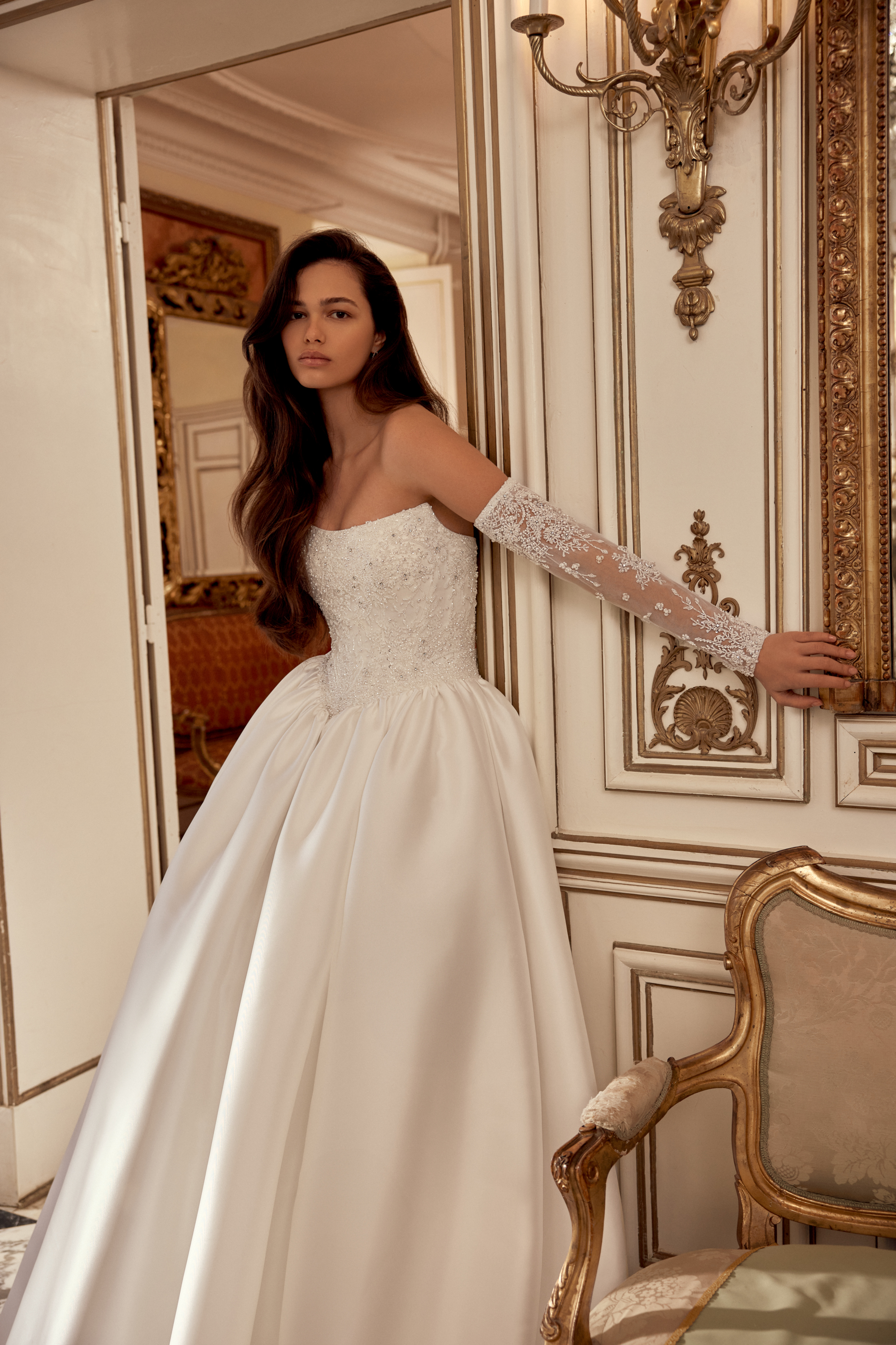 Justin Alexander Style 88562SL Nikita Sleeves Detachable Off-the-Shoulder Long Sleeves with Tonal Floral Beaded Embroidery