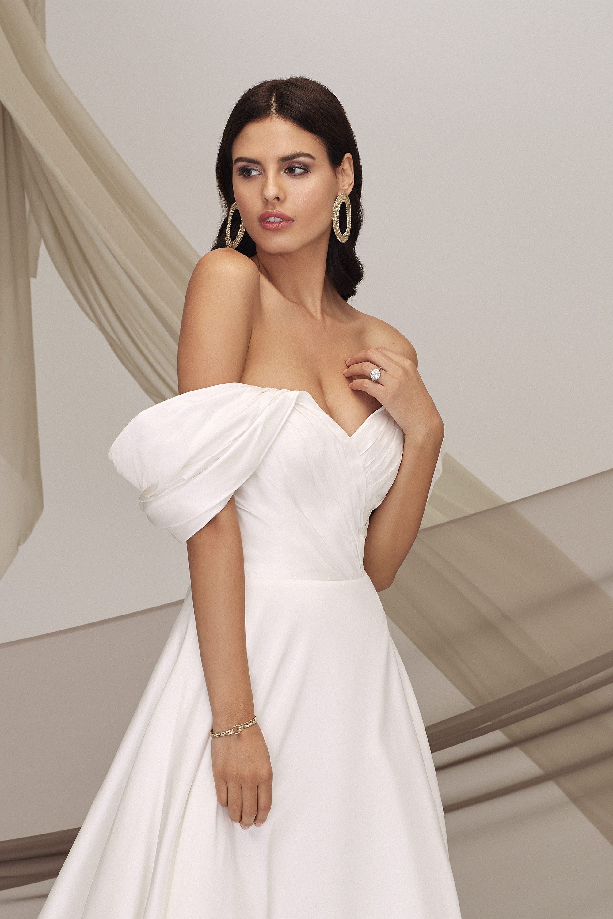 Justin Alexander Signature Style 99122 HARLEM Silk Dupion Gown with Dramatic Off the Shoulder Sleeves