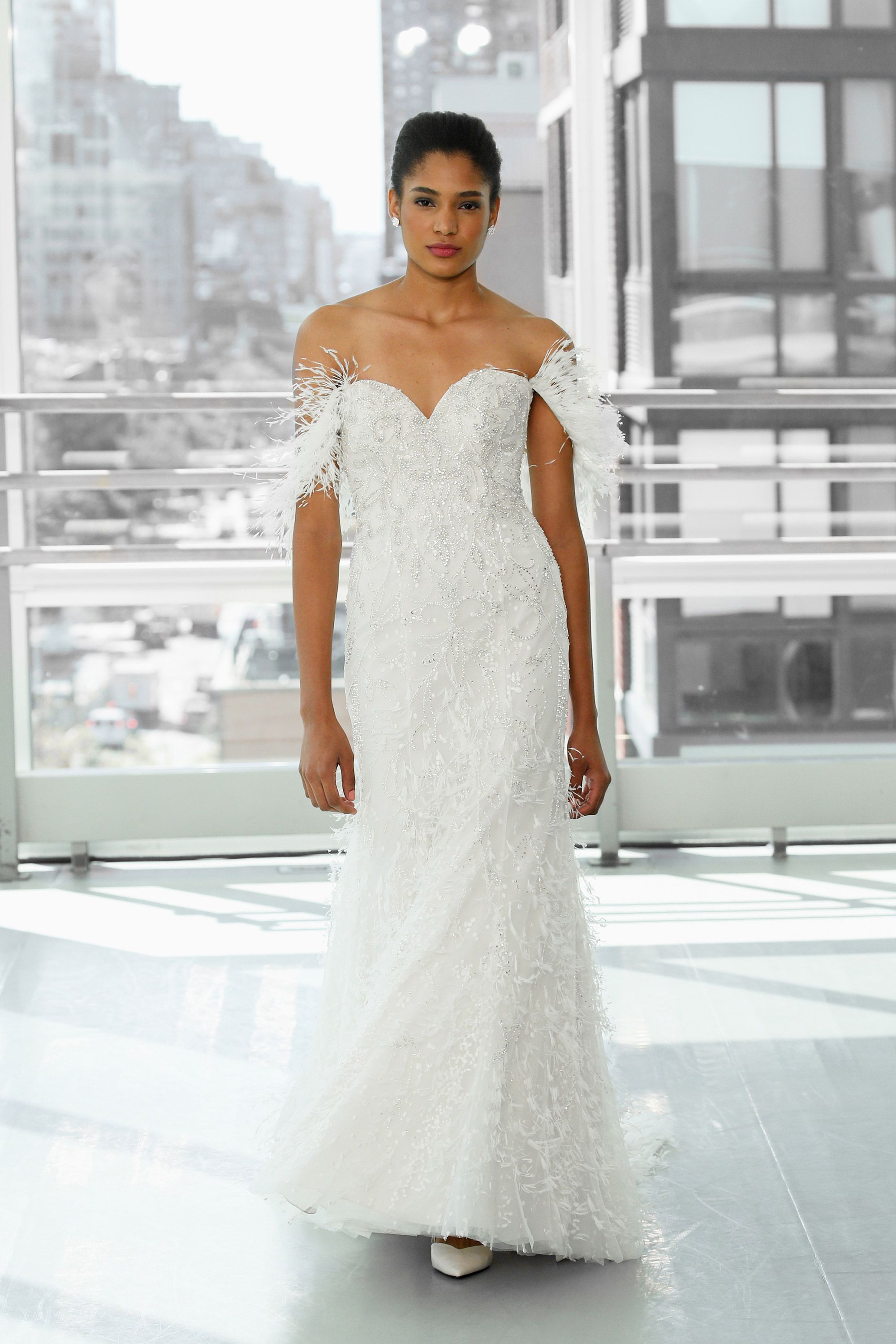 Justin Alexander Signature Style 99127 LENOX Off the Shoulder Beaded Gown Embellished with Marabou Feathers