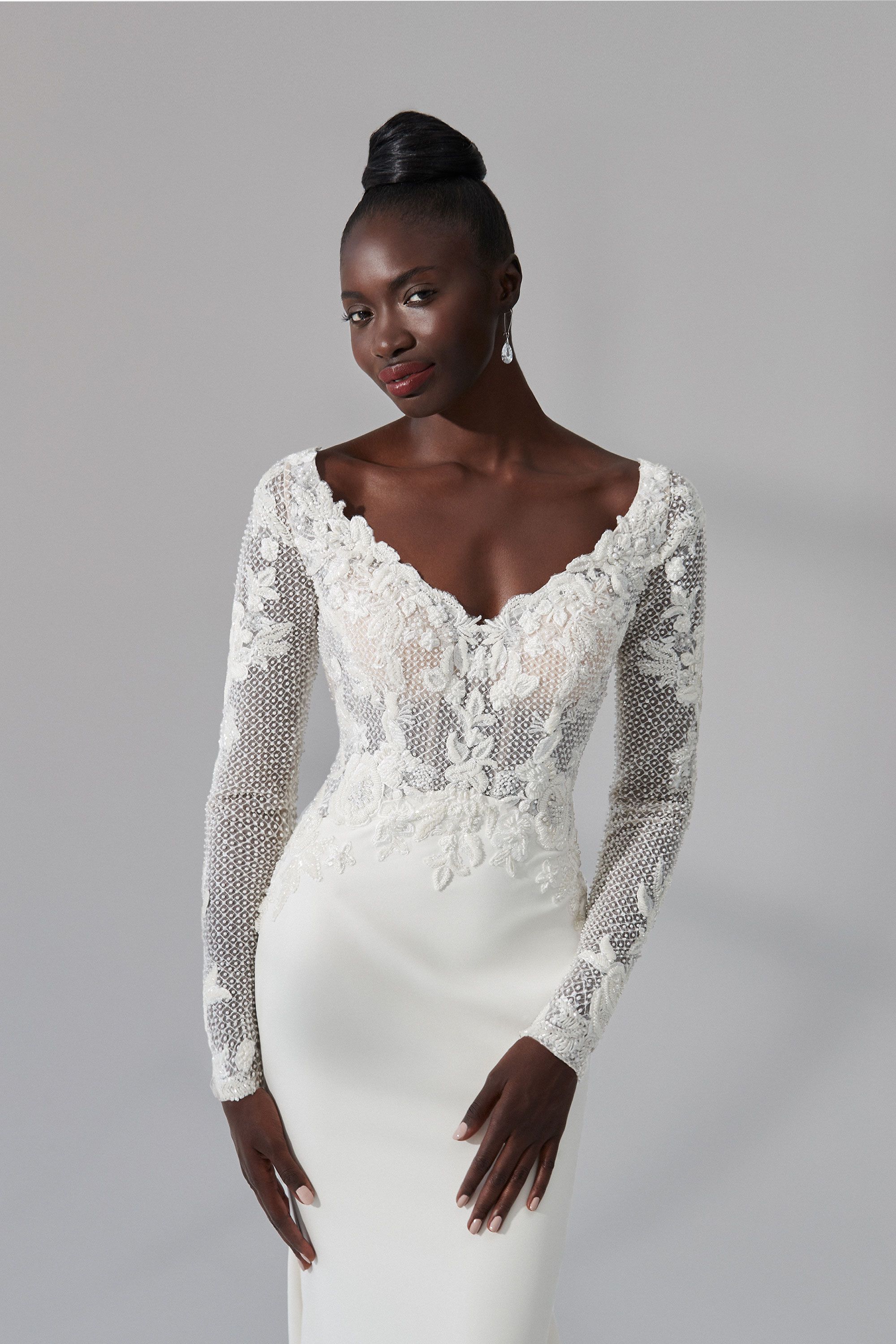 Justin Alexander Signature Style 99174 Lewis Beaded Crepe Fit and Flare Gown with Long Sleeves and Tulle Train