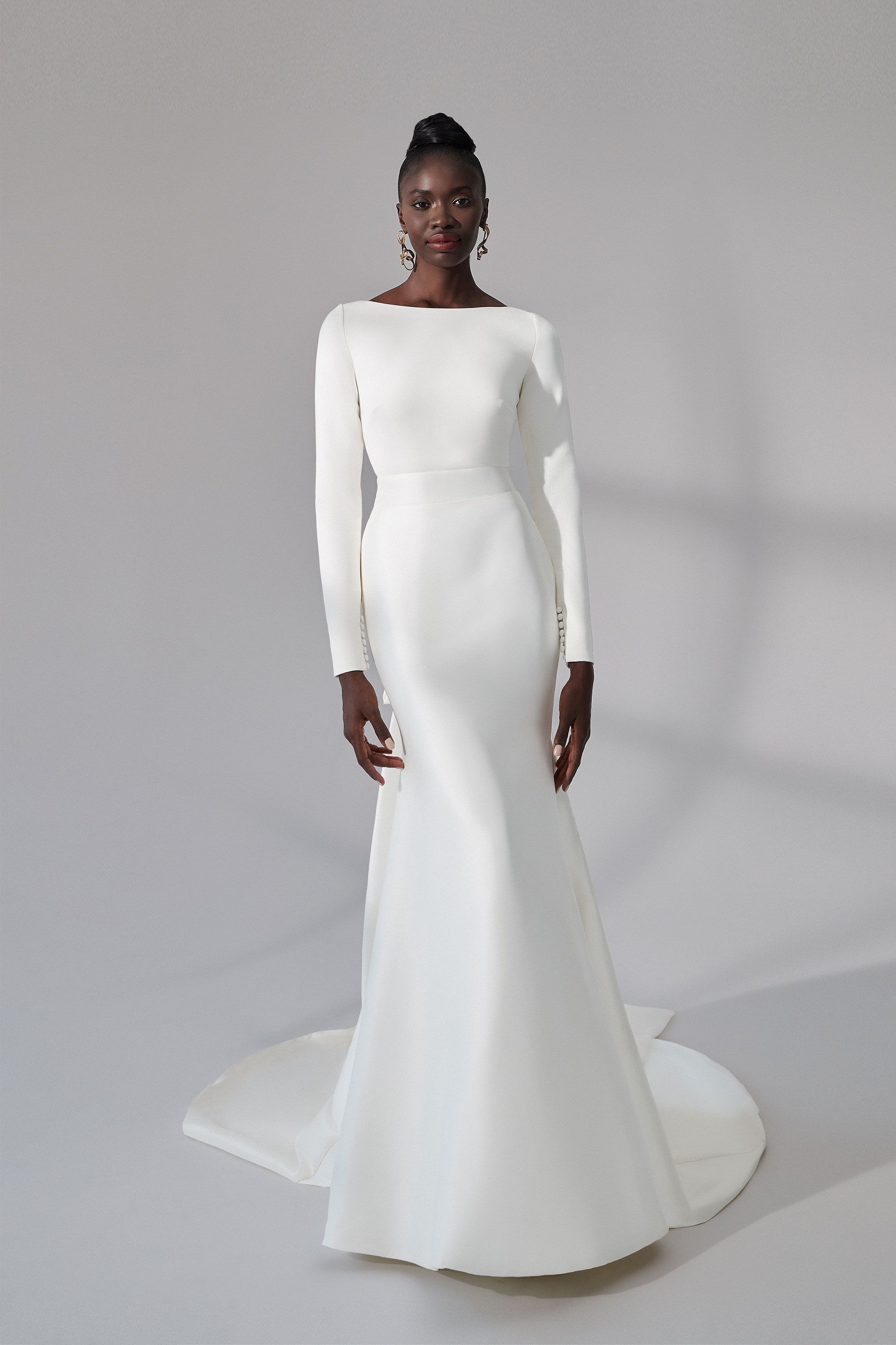 DAVIS: Clean Fit and Flare Gown with Long Sleeves and DAVIS: Clean Fit and Flare Gown with Long Sleeves and