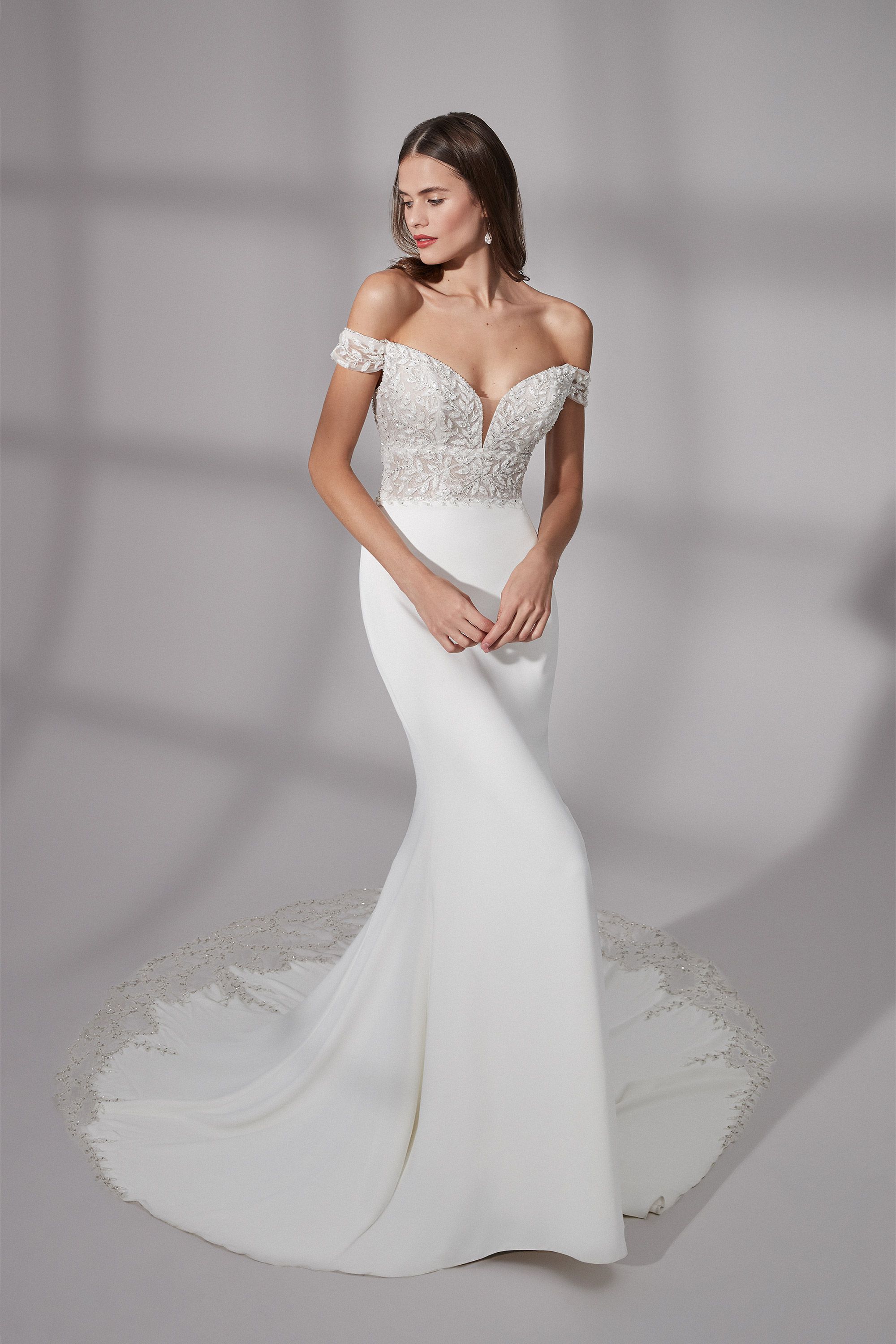 bridesmaid dresses westfield WESTFIELD: Beaded Crepe Fit and Flare Dress with Scalloped Cutout Train