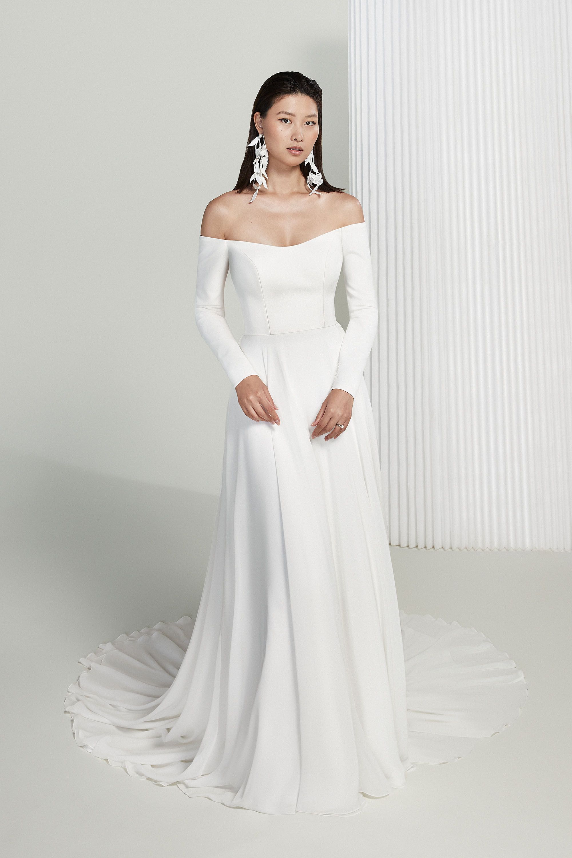 AMELIA: Long Sleeve Off-the-Shoulder Wedding Gown with Luxe