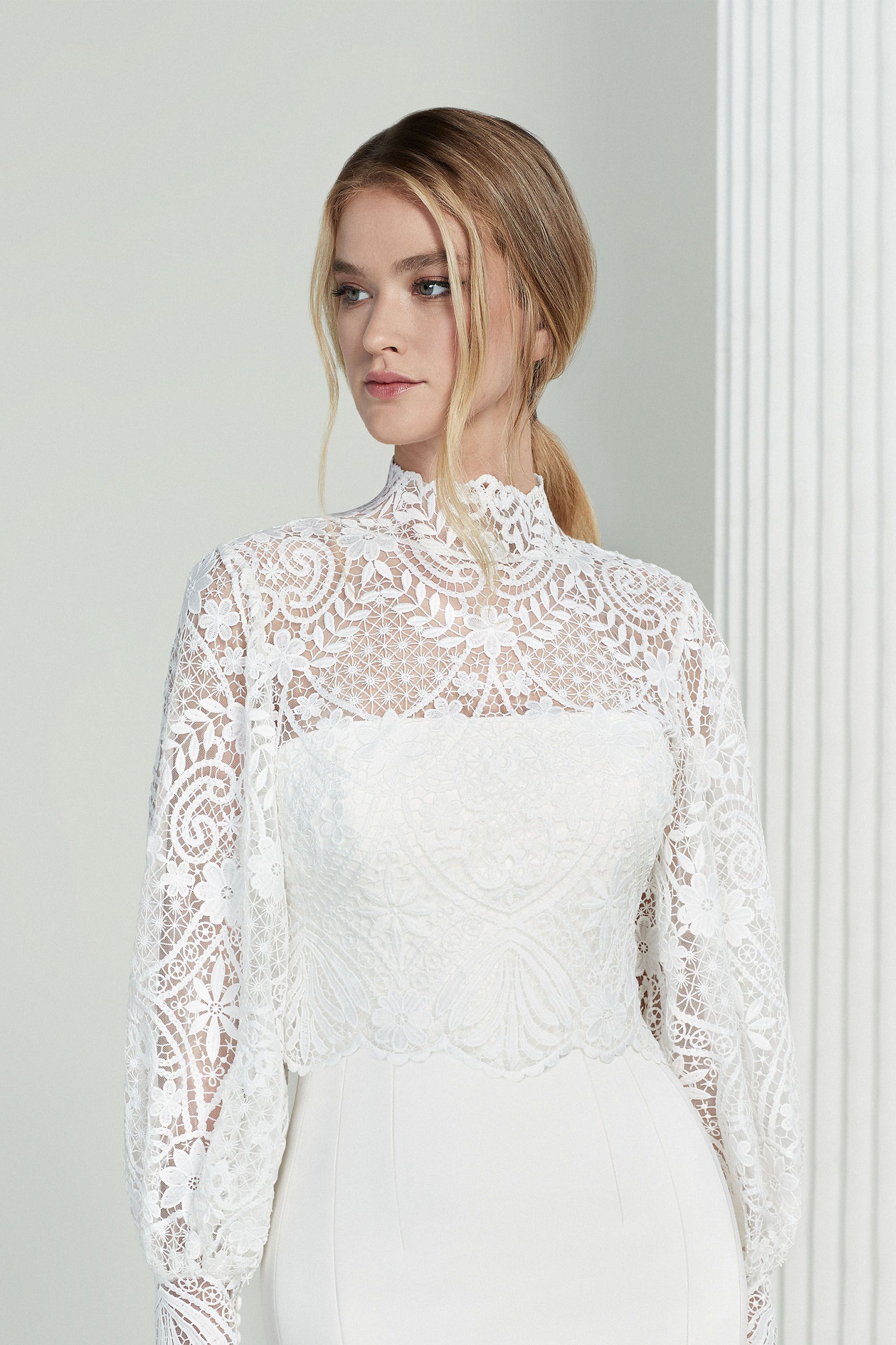 MICHELLE JACKET: High Neck Lace Jacket with Bishop Sleeves