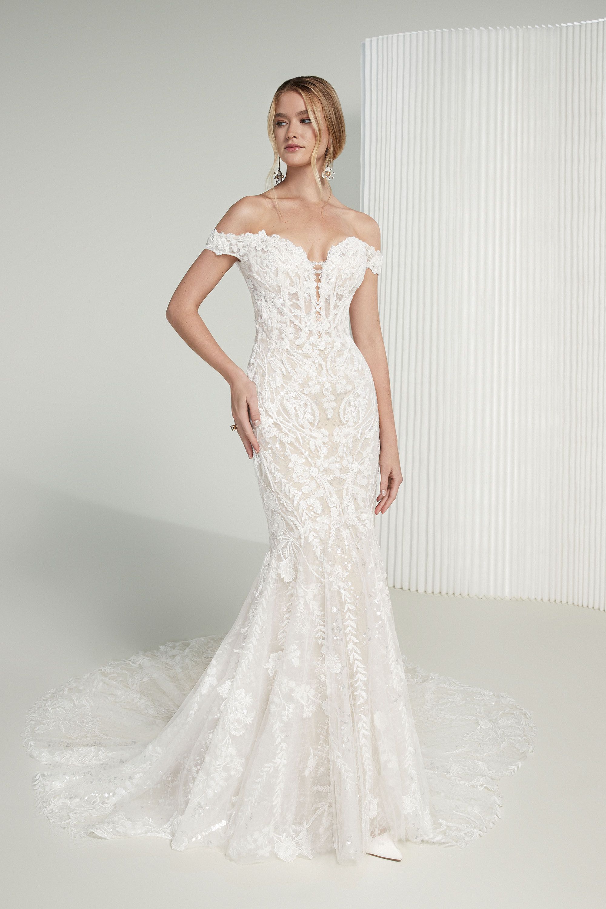 Justin Alexander Signature Style 99220 Indira Beaded and Sequined Off the Shoulder Gown with Petal Train