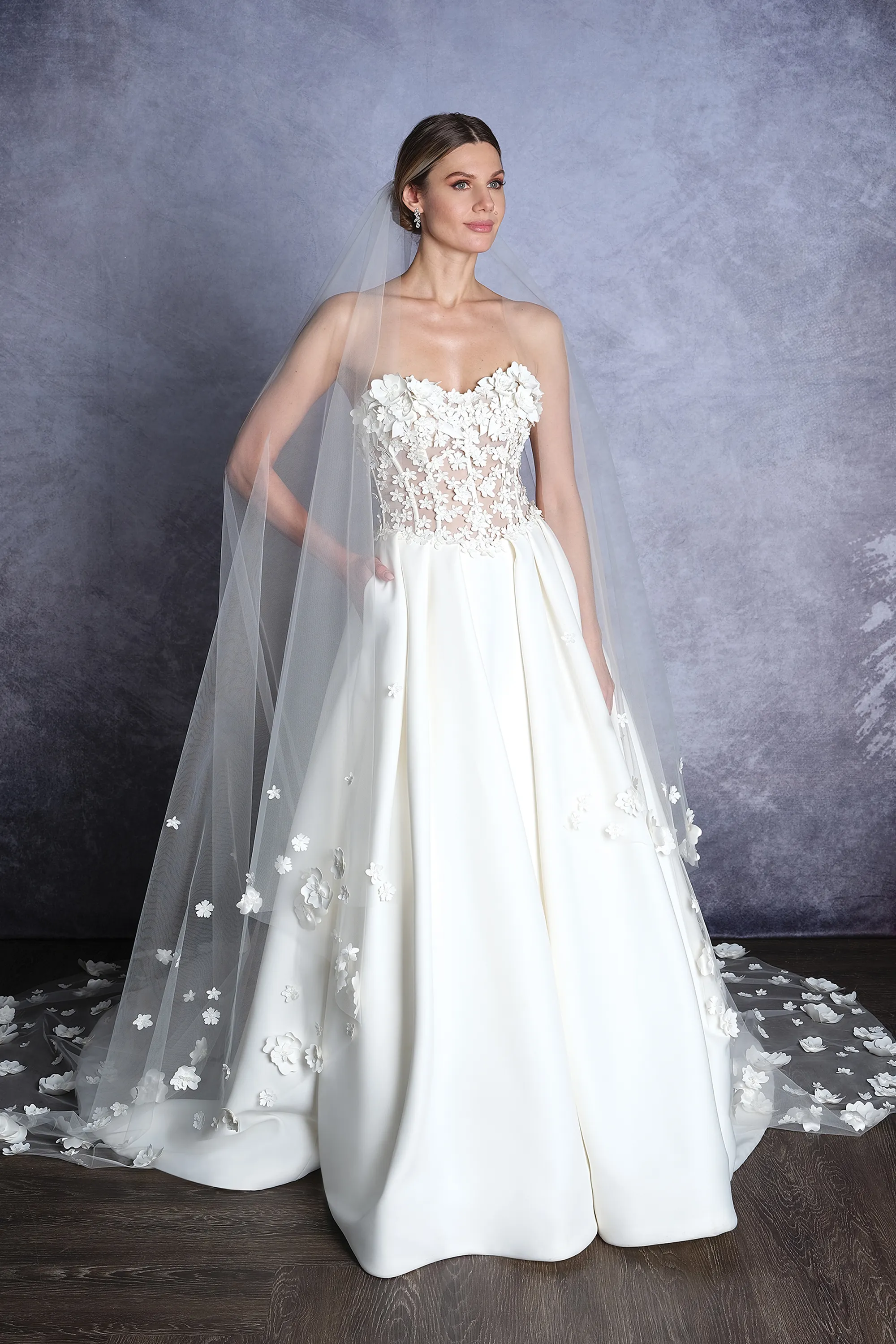 Justin Alexander Signature Style 99255V Boxwood Veil Cathedral Length Veil Adorned with 3D Laser Cut Satin Flowers