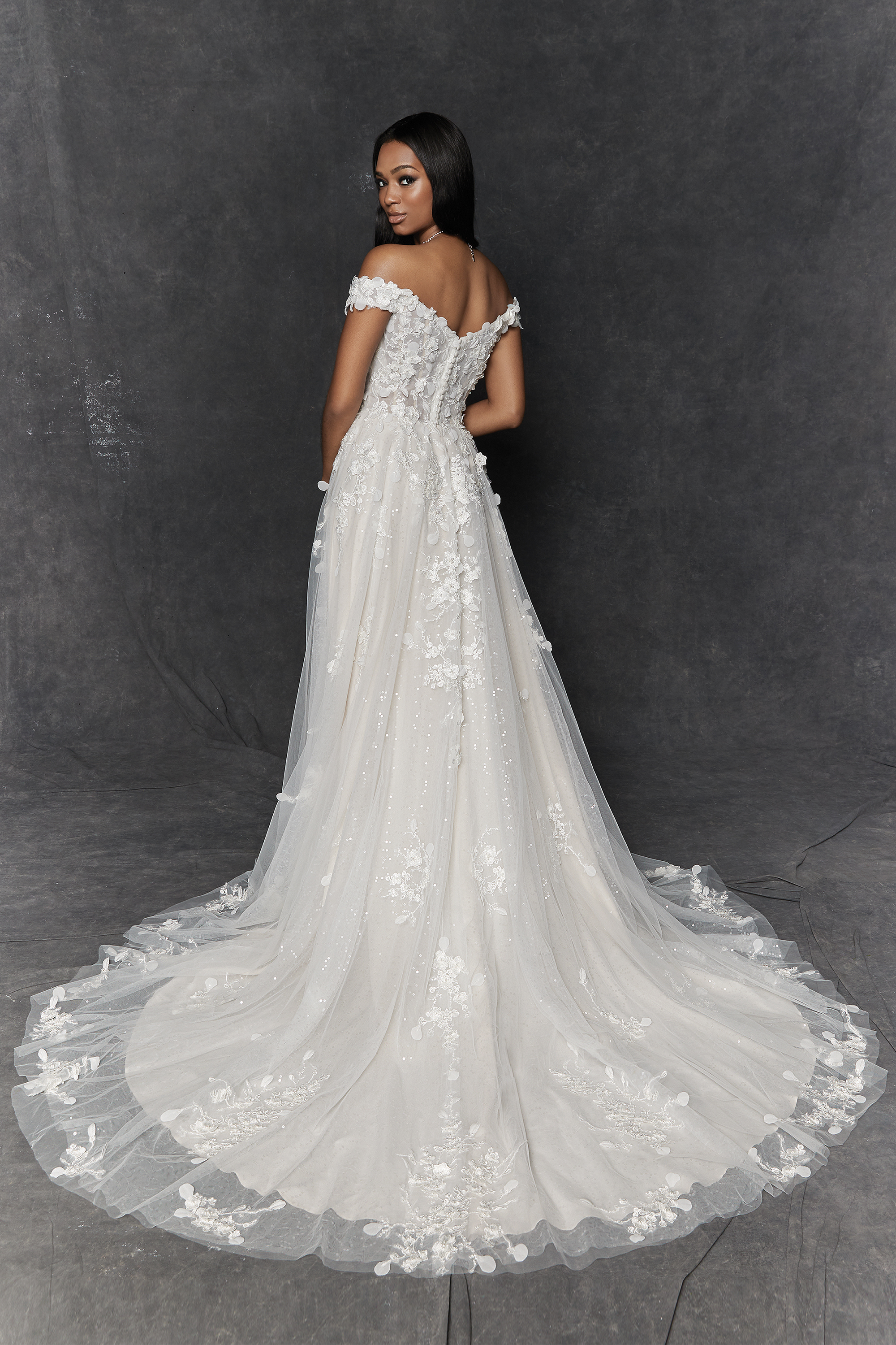 Justin Alexander Signature Style 99262 Juniper Beaded Off the Shoulder A-Line Gown with 3D Chiffon Petals