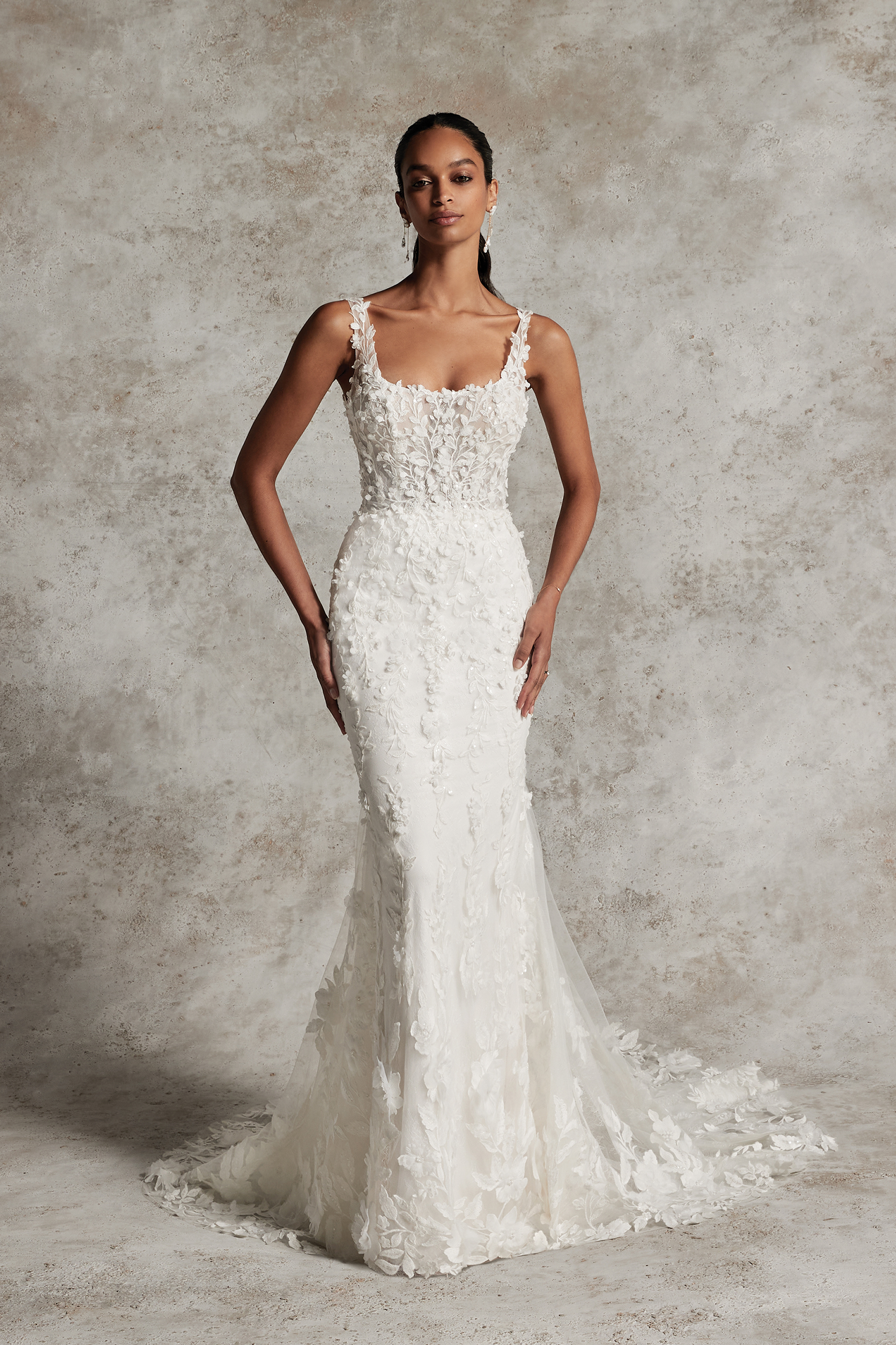 Justin Alexander Signature Style 99298 MUNA Square Neckline Fit and Flare Wedding Gown with 3D Appliqués