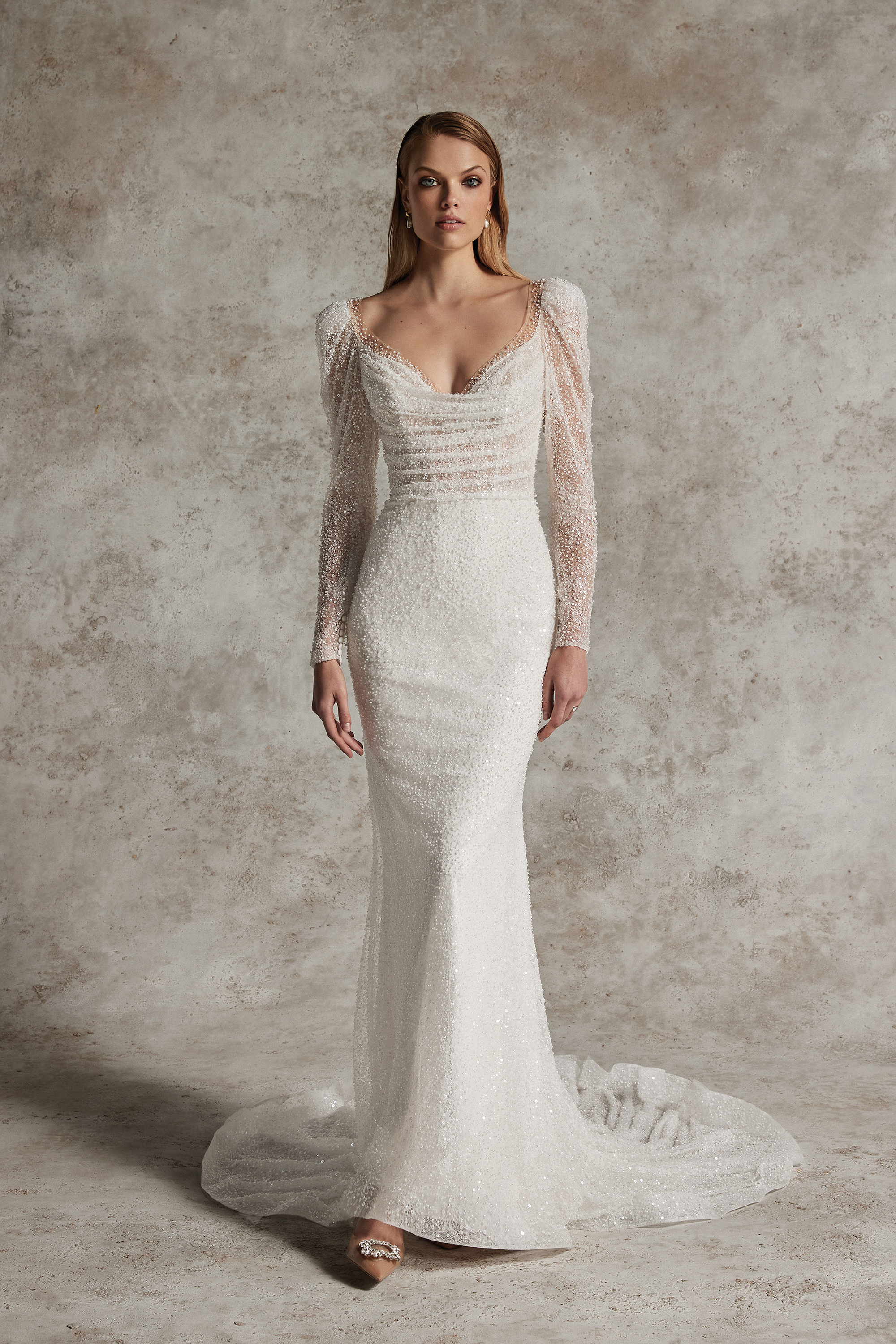 Justin Alexander Signature Style 99305 VENILIA Allover Beaded Chantilly Lace Wedding Gown with Long Puff Sleeves