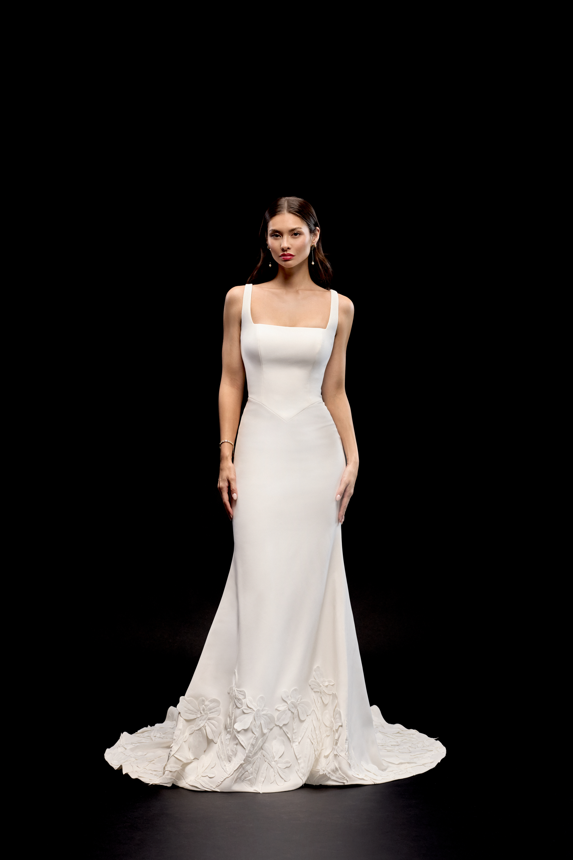 Justin Alexander Signature Style 99334 MONA Modern Stretch Crepe Fit and Flare Gown with 3D Laser Cut Appliqués