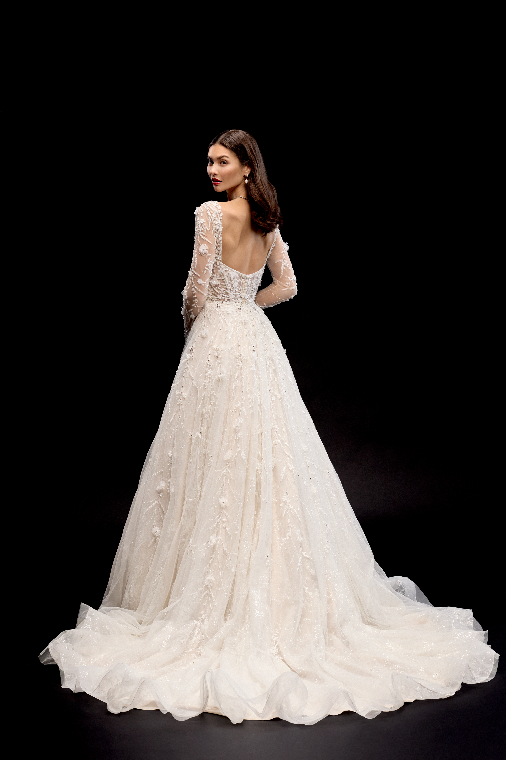 TWYLA: Allover Sparkle Ball Gown with Long Illusion Sleeves