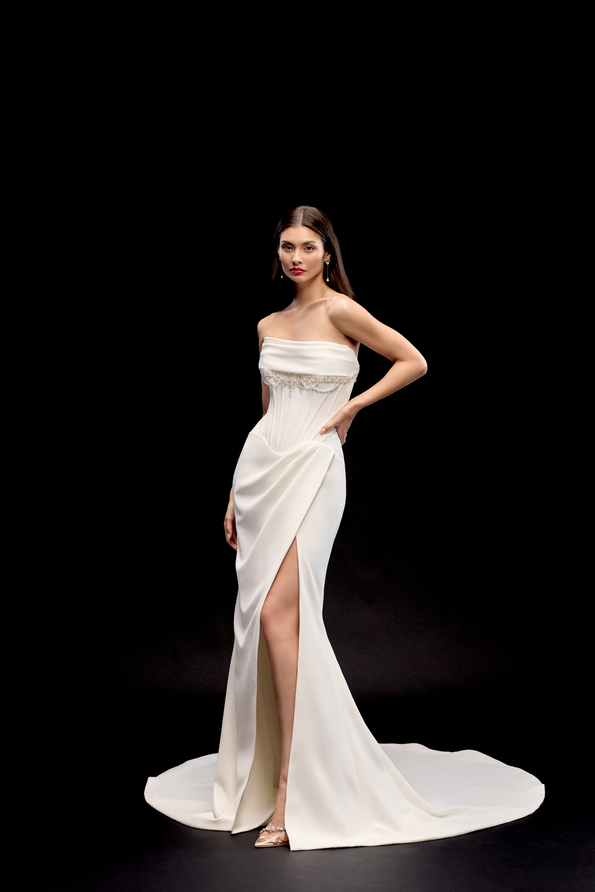 Justin Alexander Signature Style 99341 LAYLA Stretch Crepe Fit and Flare Gown with Corset Tie Back
